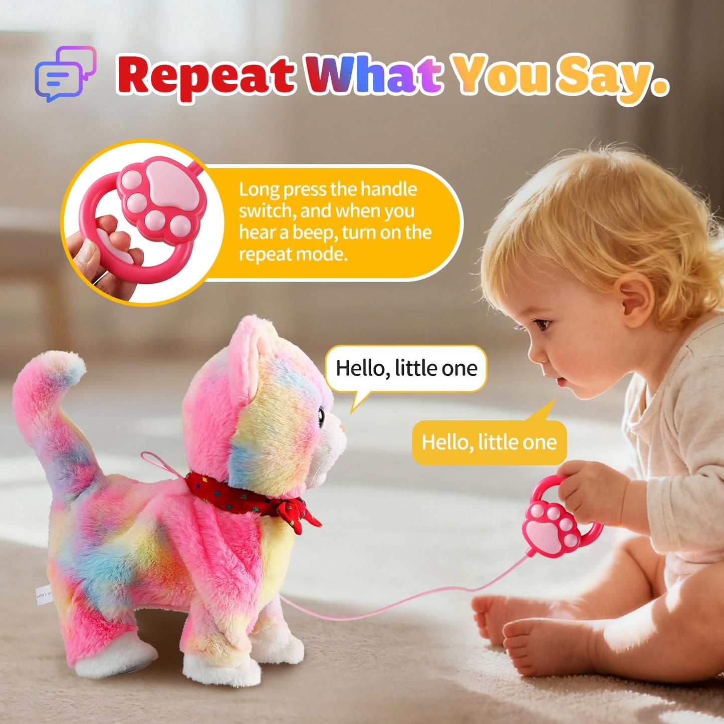 Marsjoy Colorful Leash Walking Cat Set Singing That Purrs and Meows Stick Out Tongue Animated Plush Robot Kitten Pet Moving Plush Realistic Stuffed Animal Remote Control Cute Robotic Kitty Toy