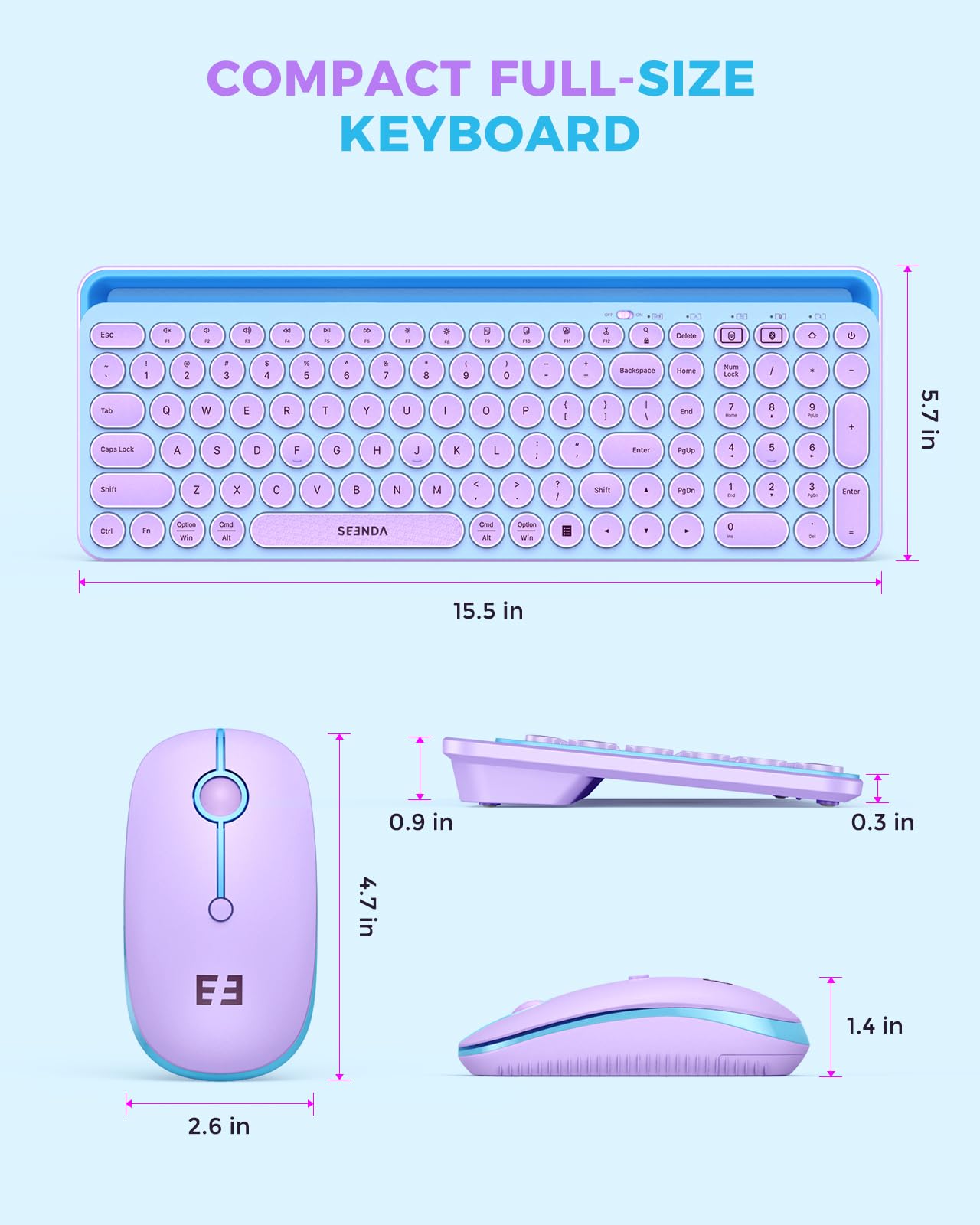 seenda Bluetooth Keyboard and Mouse for iPad, Multi-Device Bluetooth + 2.4G Wireless Keyboard Mouse with Tablet Holder for MacBook/Windows Computer, iOS/Andriod Tablet Phone, Blue & Purple