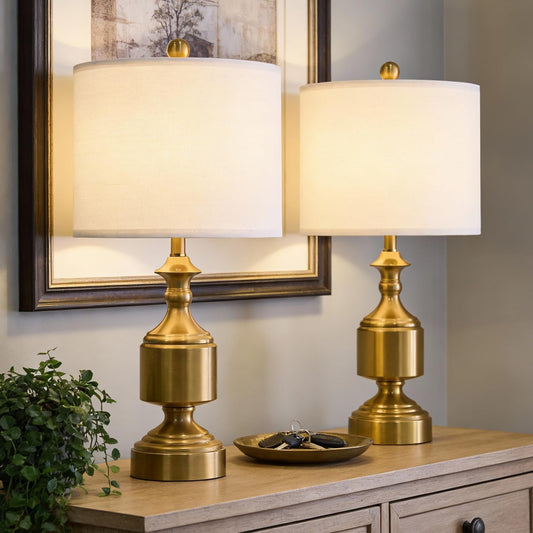 BOBOMOMO Gold Table Lamps Set of 2-20.5" Modern Metal Bedside Lamps for Nightstand, Mid-Century Night Stand Lamps with Linen Shade, Small Lamps for Bedroom Side Table & Home Office