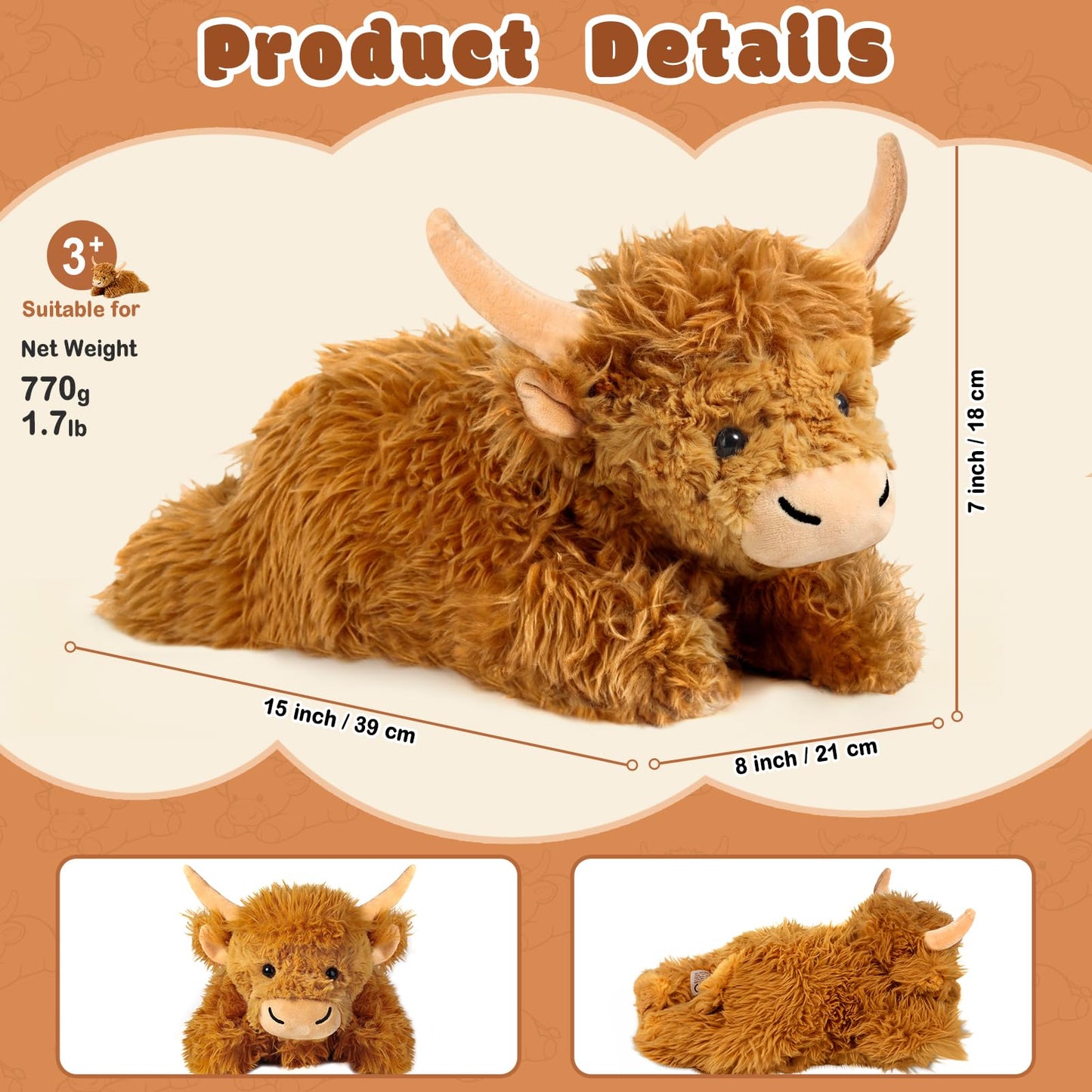 JILPAK Highland Cow Stuffed Animals, Weighted Stuffed Animals with Removable Microwave Heating Pad for Period Cramps