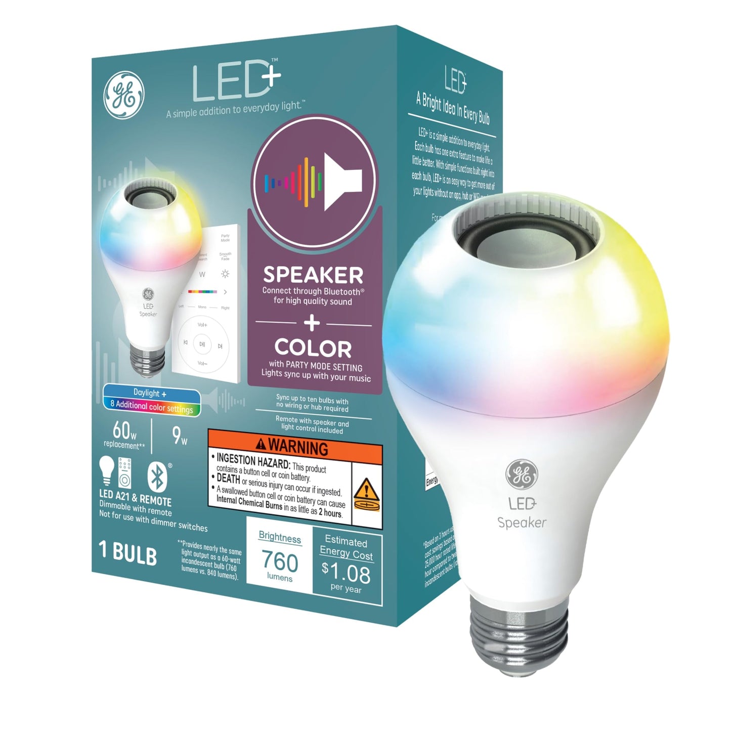 GE LED+ Color Changing Speaker LED Light Bulb with Remote, Daylight and Multicolor, A21 Standard Bulb (1 Pack)