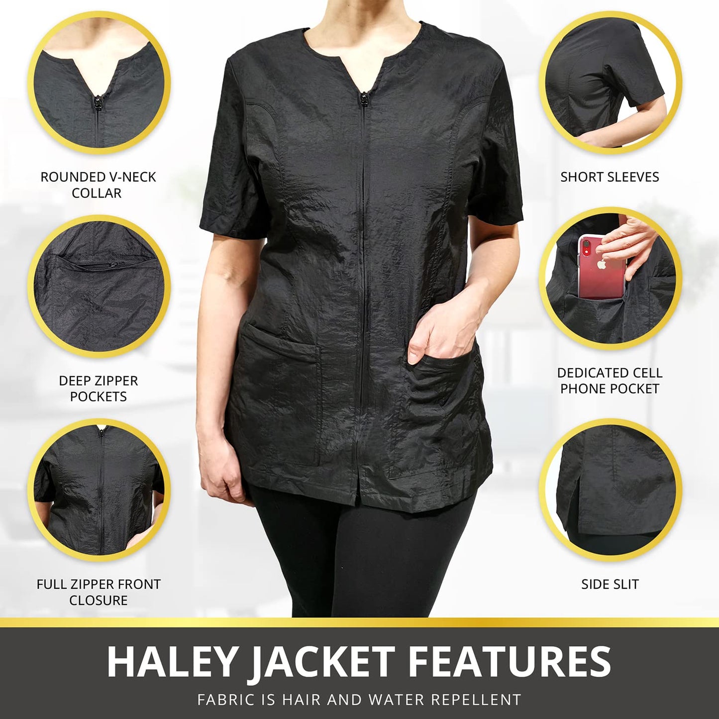 CHARLENE Haley Short Sleeves Jacket | High Fashion Hair Stylist Nylon Uniform | Water-Repellant Breathable Nylon | Machine Wash | Zipper Closure (BLACK, S)