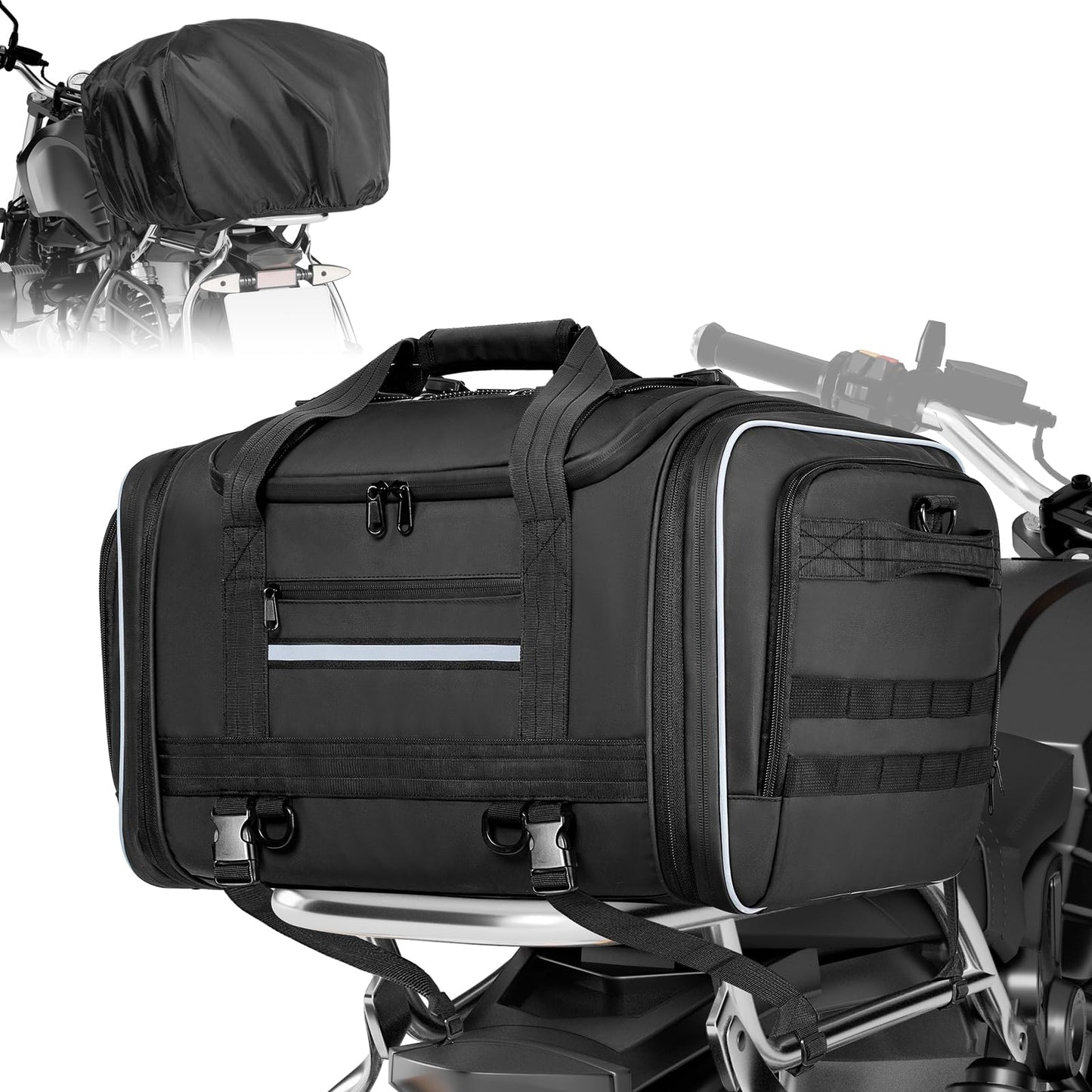 Marscamd Waterproof Motorcycle Tail Luggage Bag, 48L-64L Expandable, a Rain Cover Included, Bag with 4 Rack Mount Straps and Multiple Pockets - Black