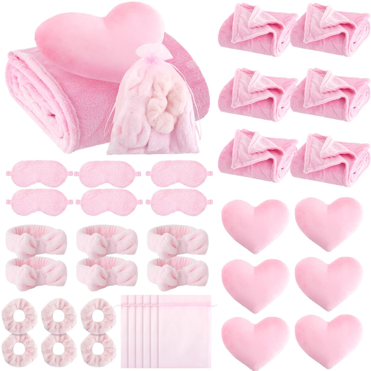 Fanfanwin 36 Pcs Sleepover Party Supplies 6 Throw Blanket 6 Spa Headband 6 Heart Pillows 6 Scrunchies 6 Sleep Eye Mask 6 Organza Bag for Spa Slumber Party Favors Supplies (Pink)