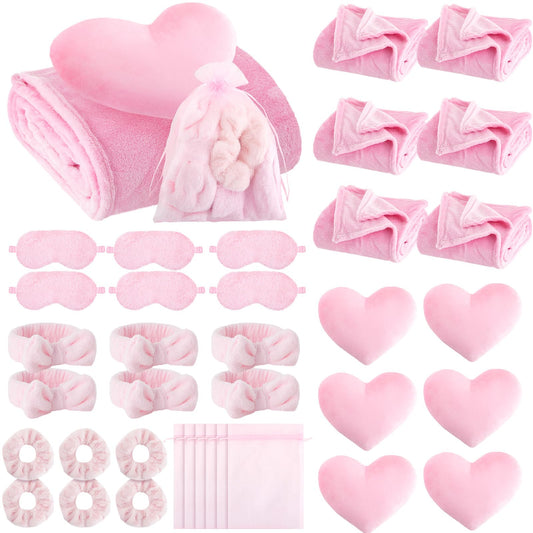 Fanfanwin 36 Pcs Sleepover Party Supplies 6 Throw Blanket 6 Spa Headband 6 Heart Pillows 6 Scrunchies 6 Sleep Eye Mask 6 Organza Bag for Spa Slumber Party Favors Supplies (Pink)
