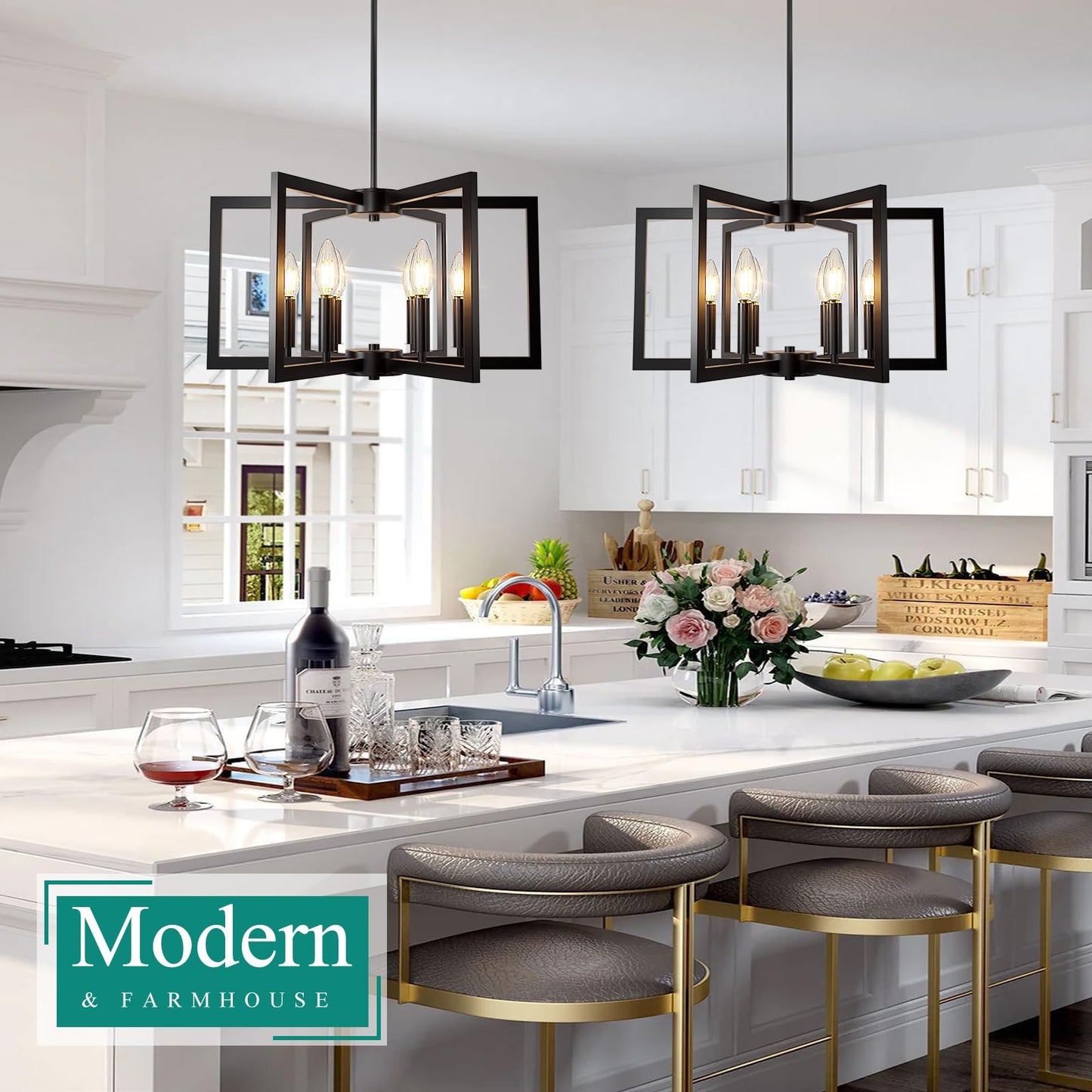 6-Light Black Chandelier, Farmhouse Dining Room Light Fixture, Large Modern Chandelier, Geometric Industrial Metal Hang Lighting Fixture for Foyer Entryway Kitchen Over Table Hallway Living Room