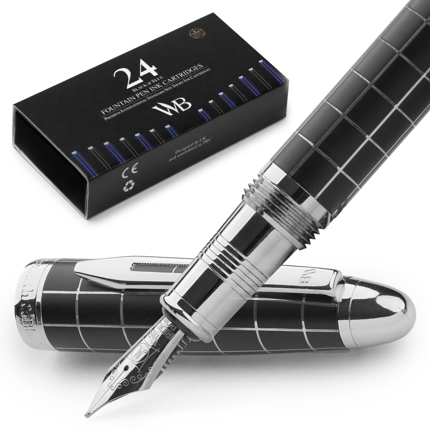 Wordsworth & Black Majesti Fountain Pen - (Checked), Luxury Case, Chrome Finish, Iridium Medium Nib - 24 Ink Cartridges, Refillable Ink Converter-Calligraphy Pen-Best Business Gift Set for Men & Women