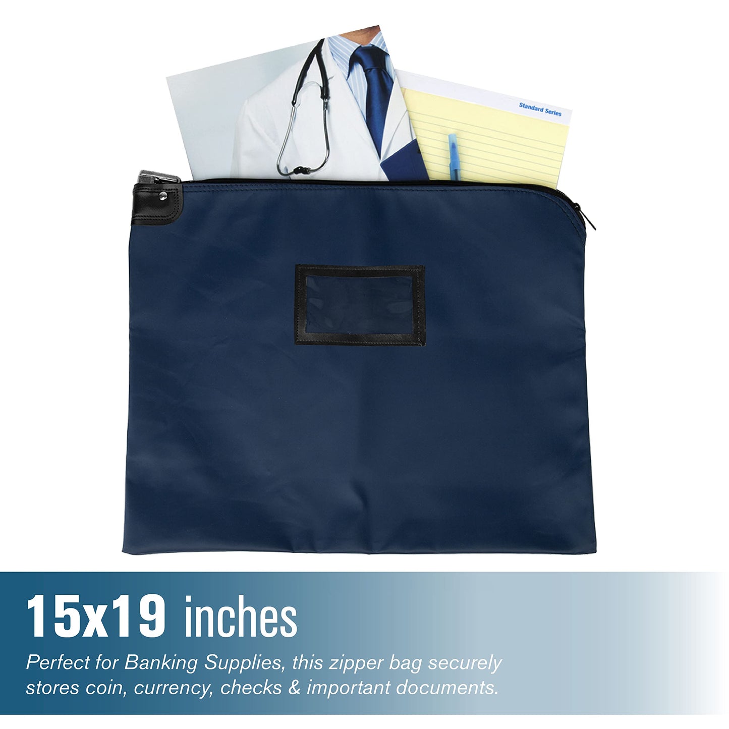BankSupplies HIPAA Locking Courier Bag Navy Blue 19 Inches W by 15 Inches H Durable Laminated Nylon Metal Pop-Up Lock for Money Coins Checks and Documents