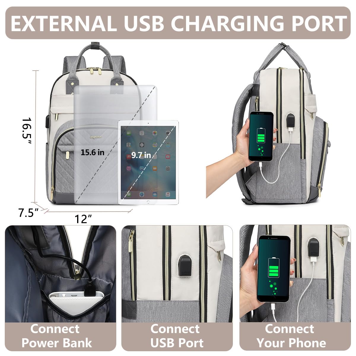 Laptop Backpack Women Work Bag - Travel Backpack Purse with USB Charger 15.6 Inch Nurse Bag College Teacher Business Backpack Waterproof Laptop Bag Beige Grey