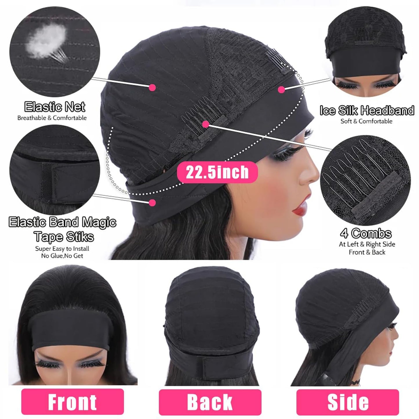 Headband Wig Human Hair Body Wave Headband Wig None Lace Front Wigs Glueless Human Hair Wigs Headband Half Wigs for Black Women Brazilian Virgin Human Hair Headband Wigs 16 Inch Natural Color