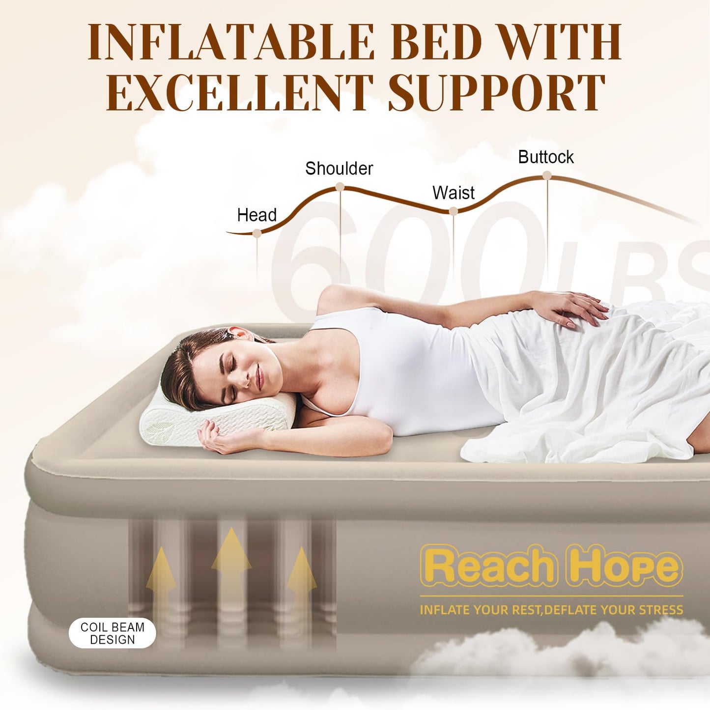 REACH HOPE Air Mattress with Built in Pump Full, Plug-in Electric Pump Self-Inflatable Air Bed, Blow Up Travel Bed, Comfortable Airbed for Rental Home, Camping and Guests.(18" Height Full, Khaki)