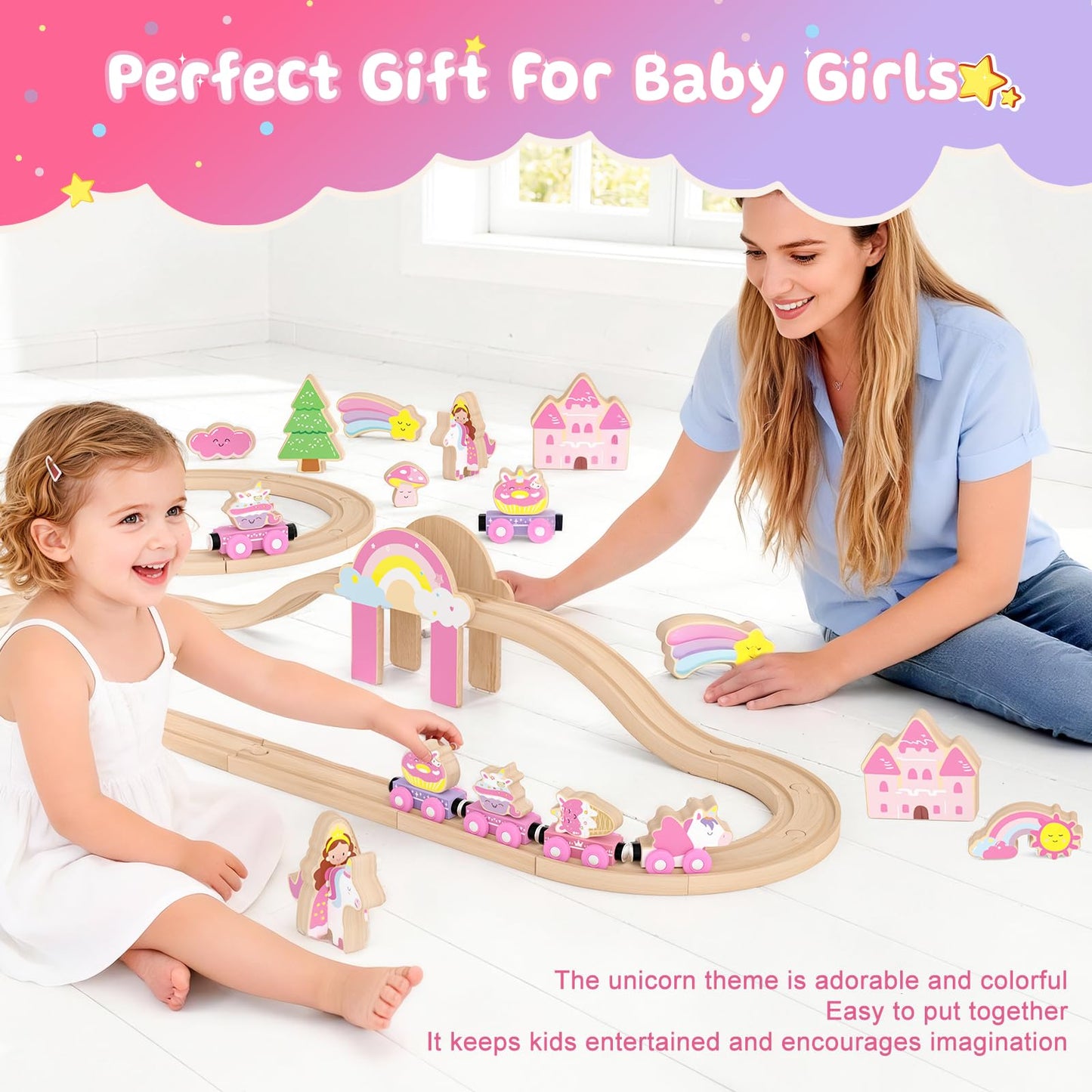 Wooden Train Set, Pink Unicorn Magnetic Train Set for Toddler 3-6, Wooden Train Track, Toddler Princess Toys for 3 4 5 6 Year Old Girl Birthday Gifts