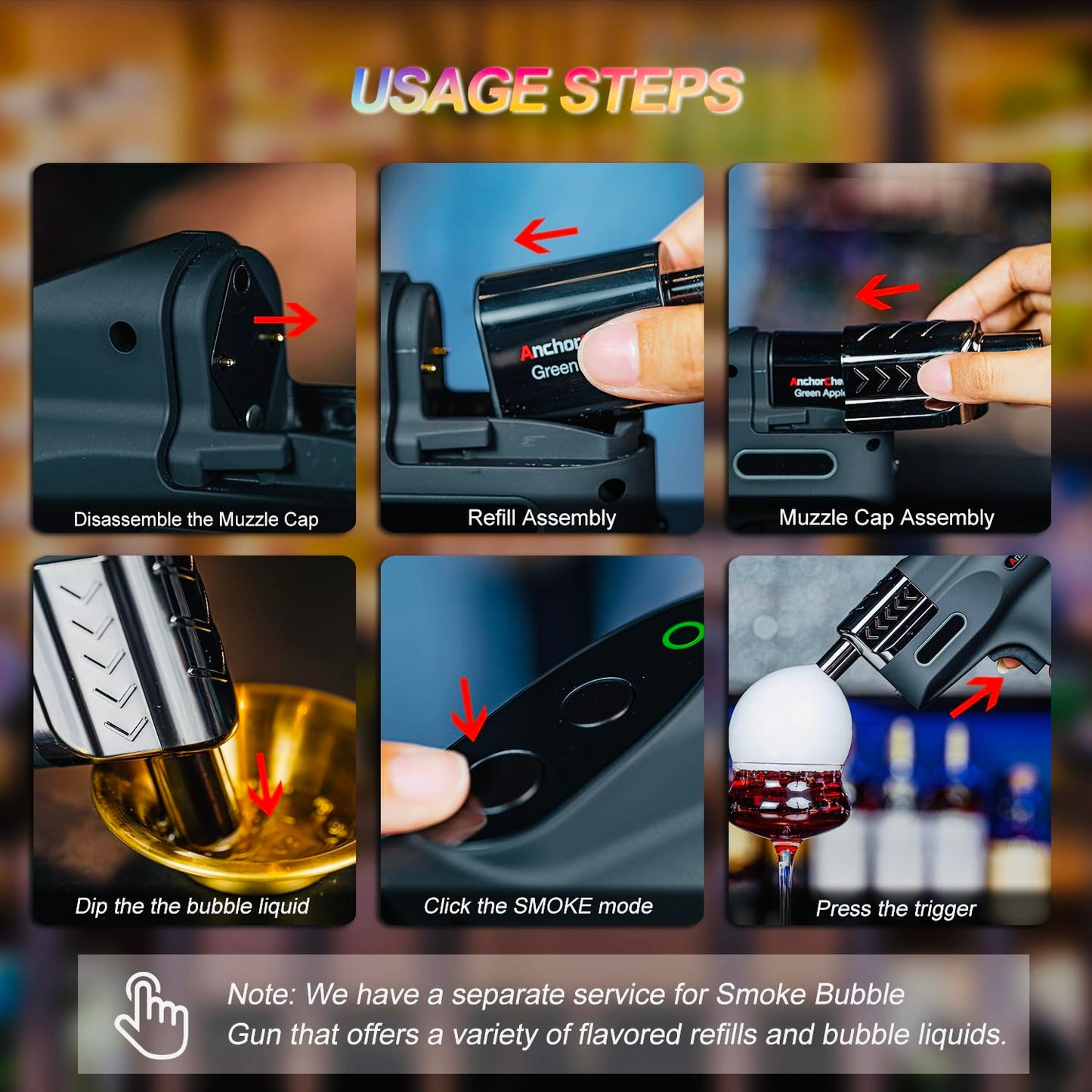 AnchorChef Cocktail Smoke Bubble Gun Set with 4 Aroma Flavour and Edible Bubbles -Aroma Blaster Gun Kit -for Bar/Home -for Whiskey, Bourbon, Rum, Tequila, Vodka -Gift for Men/Bartender/Father/Husband