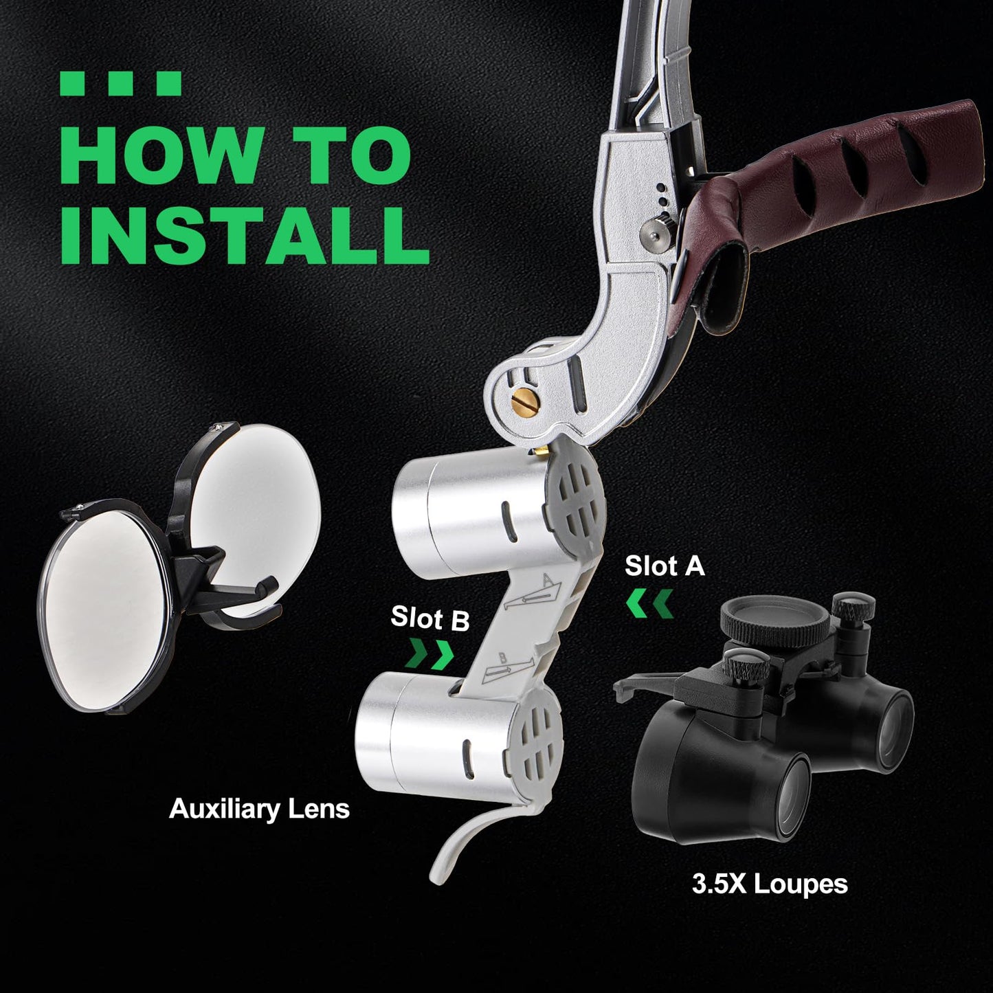 4E 4E'S USA Head-Mounted Dental Loupes with Light 3.5X 420mm, Dual Rechargeable Batteries, Ergonomic Design, Clear Vision & Comfort - Silver