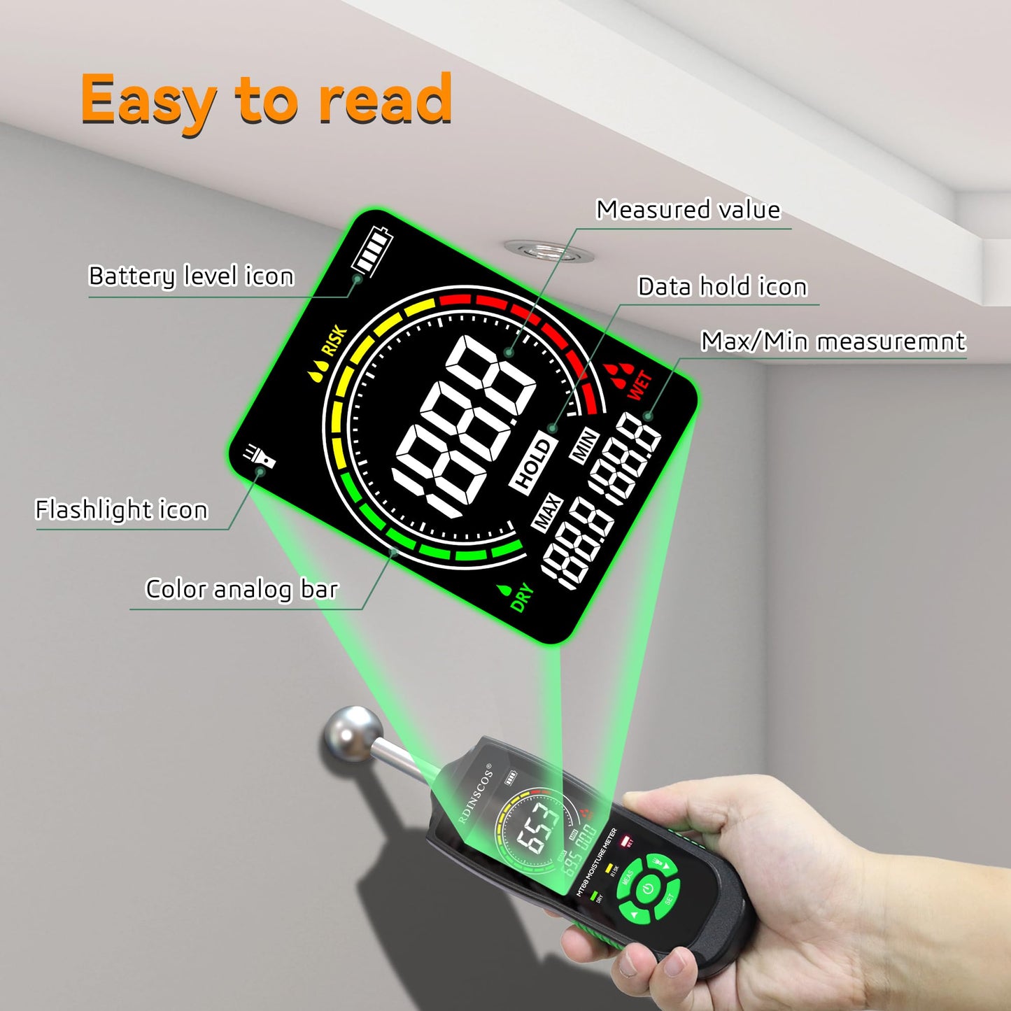 Moisture Meter for Drywall, Wood Moisture Meters for Walls, Firewood Floor Humidity Detector Lumber Humidity Tester Paper Cerimic Ceiling Firewood Cardboard Humidity Building Material