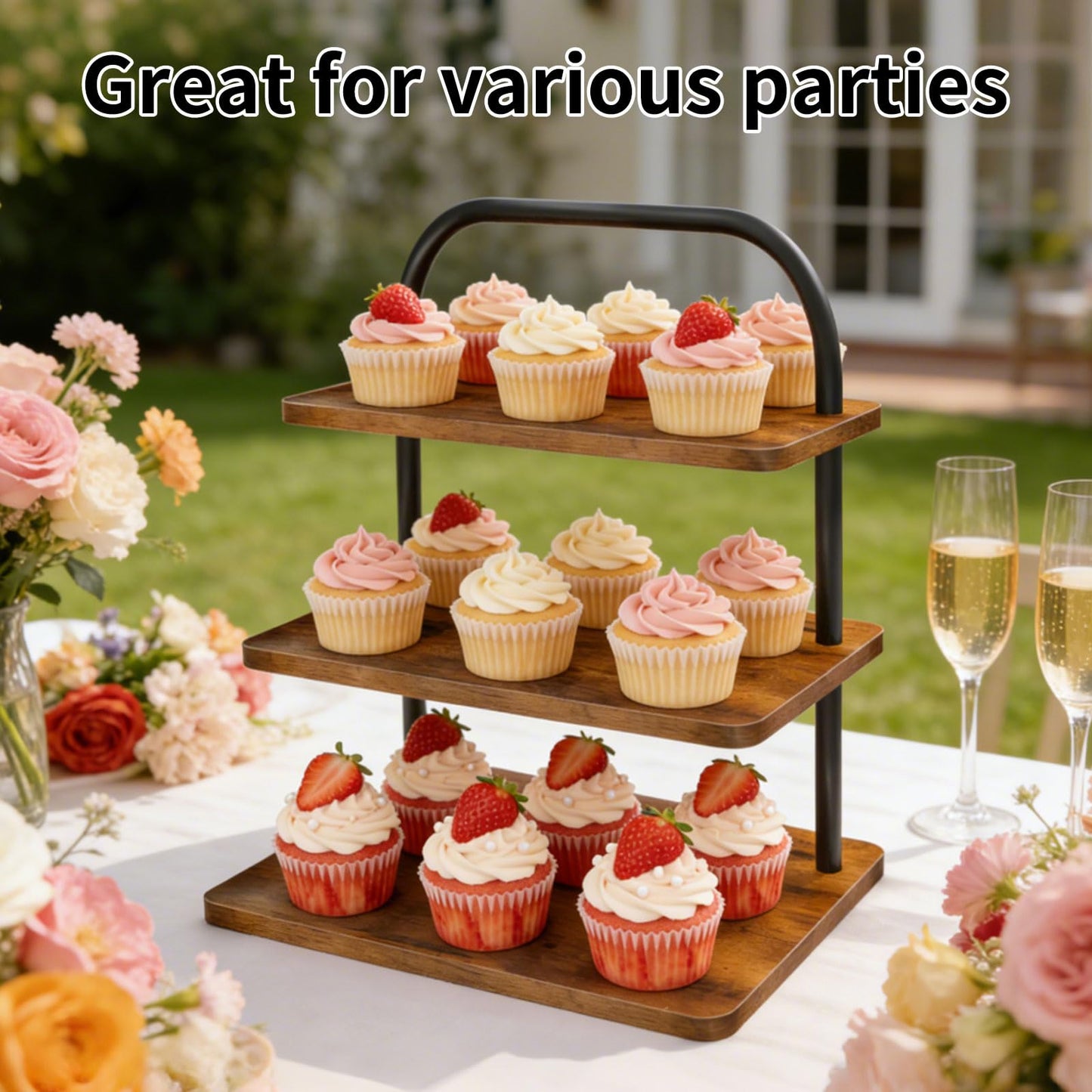 Cupcake Stand for 50 Cupcakes, 2 PACK 3 Tier Wooden Metal Cupcake Stand Reusable Cupcake Display Stand Tiered Tray Stand Dessert Table Display Set Serving Trays for Party Rustic Farmhouse Vendor