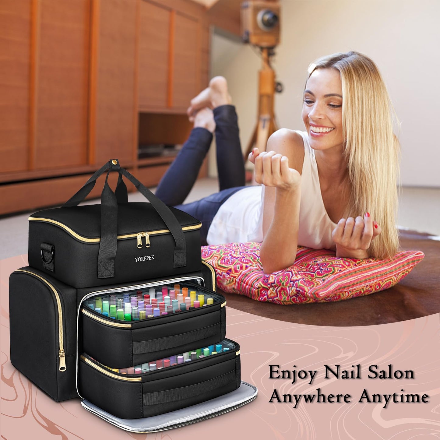 YOREPEK Extra Large Nail Polish Organizer Case Holds 96 to 100+ Bottles (15ml/0.5 fl.oz) UV lamp, Gel Polish Travel Case Bag with 2 Removable Pouches Fits Nail Suppiles, Gift for Manicurist, Grils