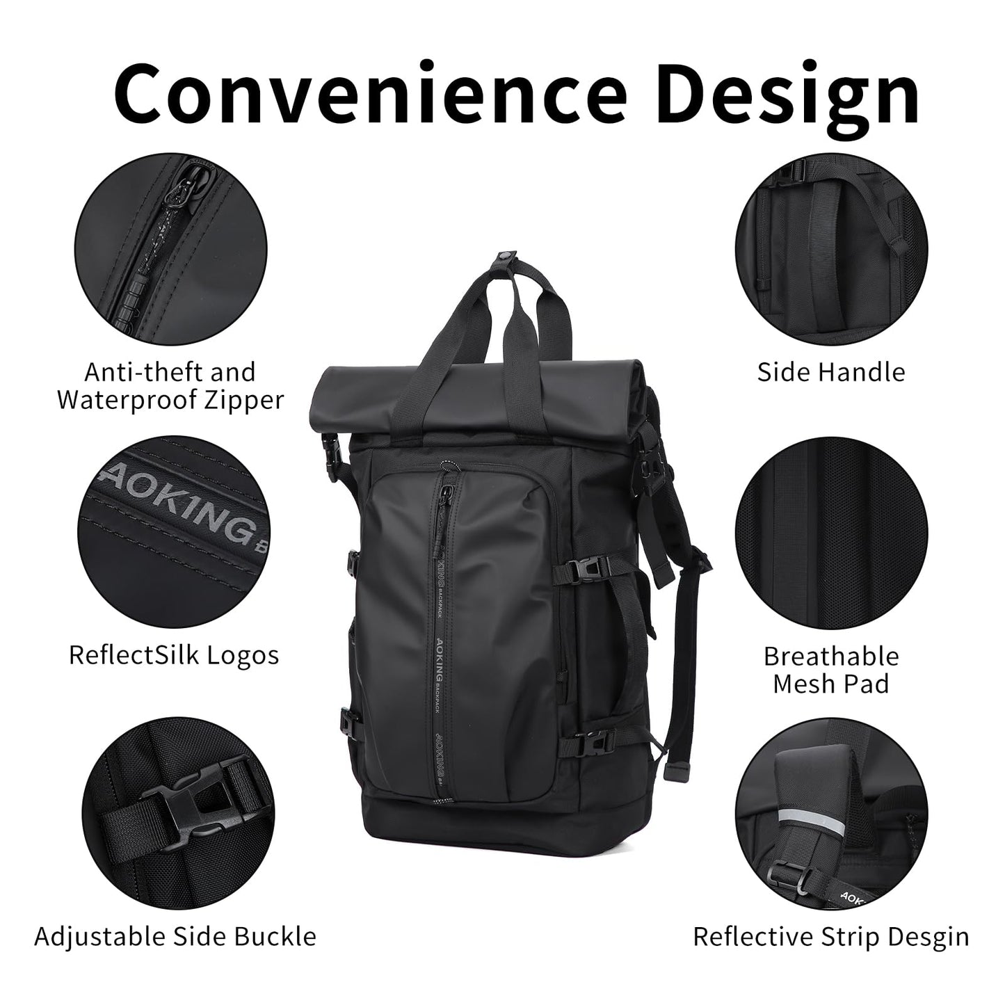 McBecdy Rolltop Backpack, Travel Rucksack for Men Women, Anti Theft Backpacks with 15.6-inch Laptop Compartment, Waterproof Casual Daypack for Work, Business, Commuter and College