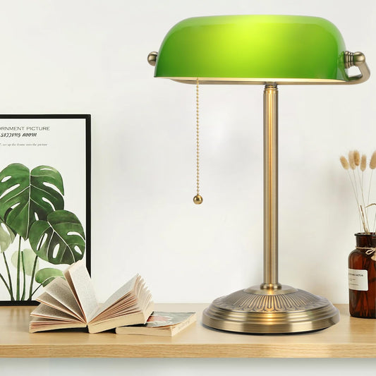 BNYFDC Bankers Lamp, Green Desk Lamp with Brass Finish, Classic Table Lamp with Pull Switch for Home, Office, Study (Green)