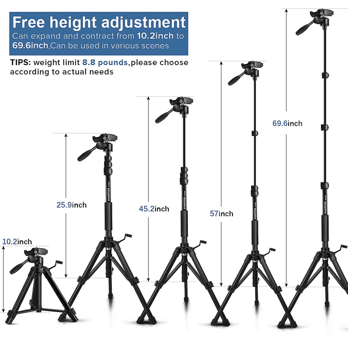 Camera Tripod 69 Inch, Patented 3-Way Swivel Portable Phone Tripod Professional Aluminum Alloy Travel Phone Camera Stand Monopod for Canon Nikon GoPro DSLR, DV Video Camcorder, Smartphone Black