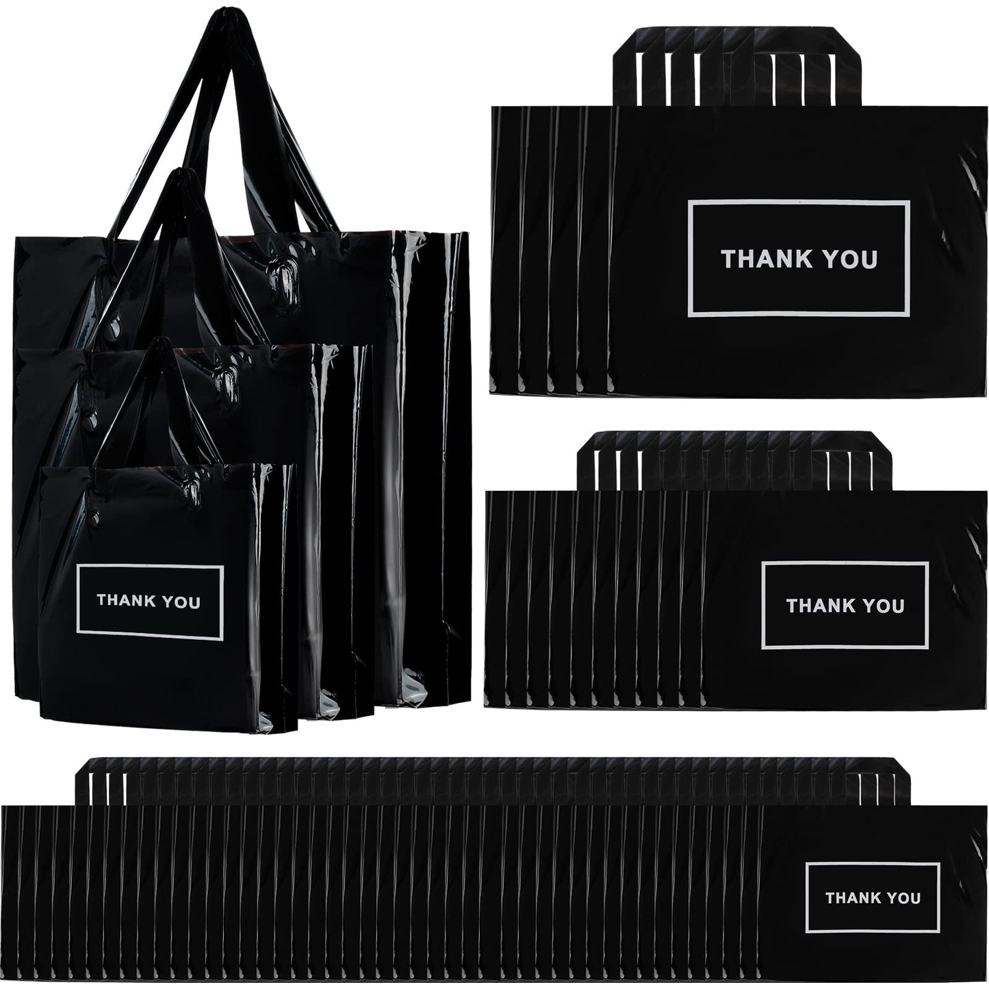 Teling 200 Pcs Thank You Plastic Bags Bulk Thank You Merchandise Bags for Wedding Business, 9 x 12'', 12 x 15'', 15 x 18''(Black)