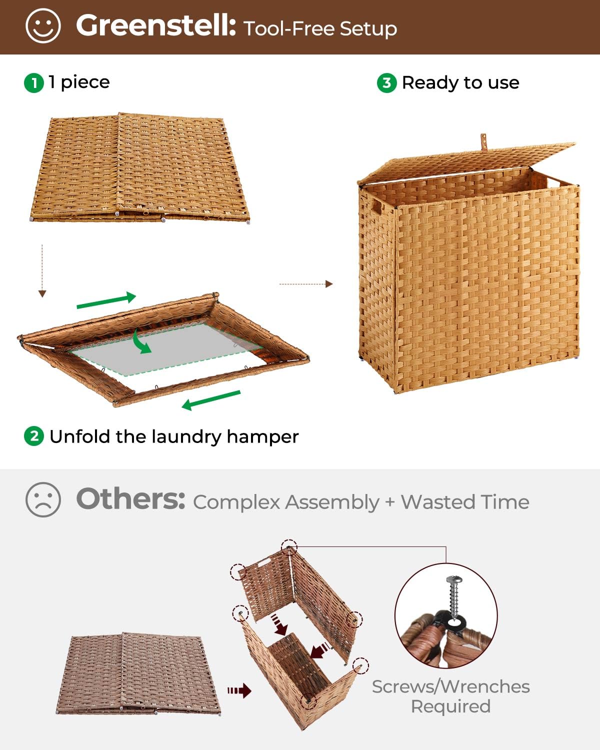 Greenstell Laundry Hamper with lid, No Install Needed, 130L Wicker Laundry Baskets Foldable 2 Removable Liner Bags, 2 Section Clothes Hamper Handwoven Rattan Laundry Basket with Handles, Natural