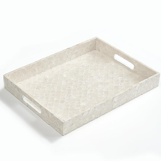CHI AN HOME Capiz Decorative Tray 15.8” x 11.8” x 1.8" Rectangular Tray, Natural Handmade Serving Tray with Handles for Coffee Tables, Ottoman, Vanity, Kitchen, Coastal Boho Home Decor, White