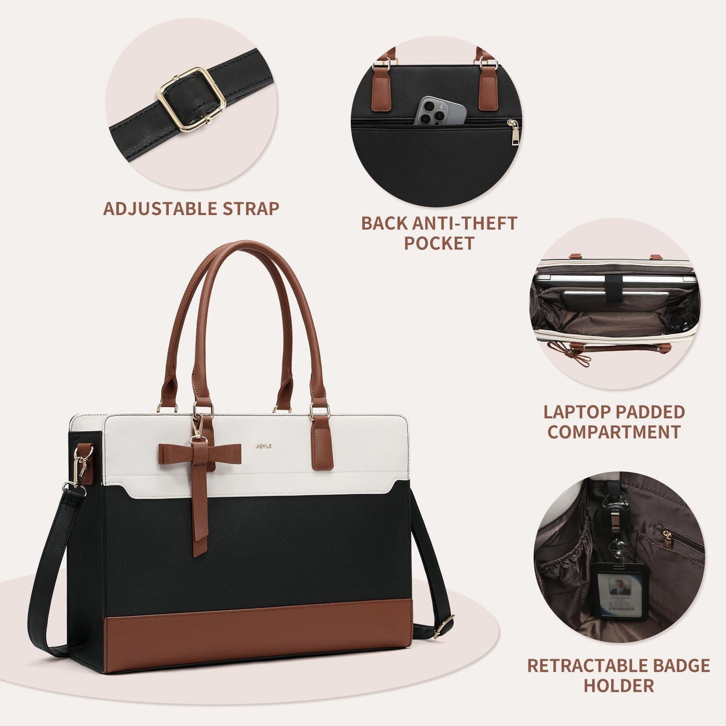 Keyli 3pc Sets Laptop Bag Work Bags for Women,15.6 Inch Laptop Tote Bag Purses Waterproof Vegan Leather Computer Briefcase Professional Business Shoulder Handbags for Teacher Office Travel White Brown