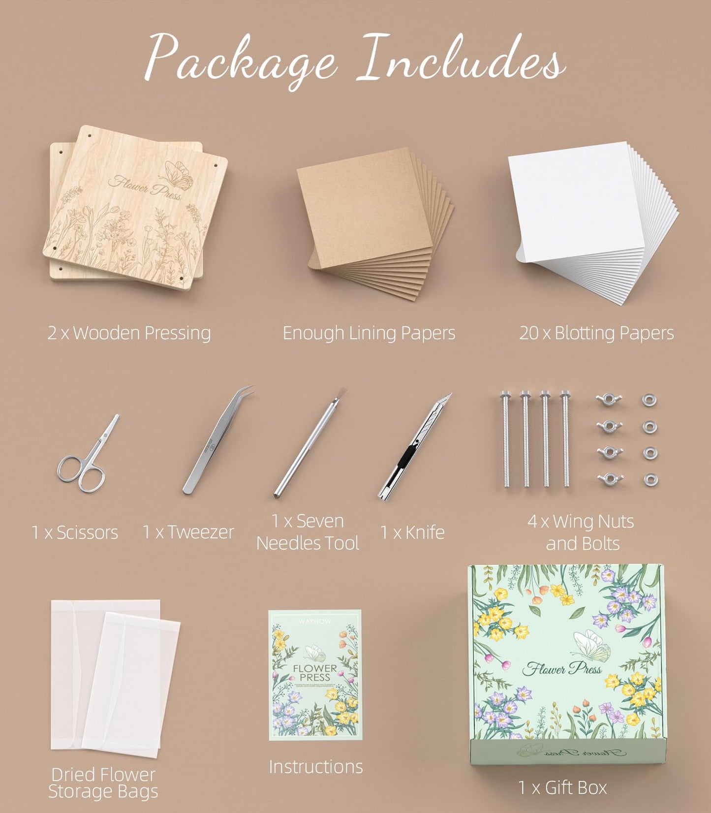 Wakhow Large Wooden Flower Press Kit, 11.02" x 11.02" Pressing Kit for Adults & Kids, DIY Drying Art Kit, Preservation Craft, Ideal Gift for Plant Lovers