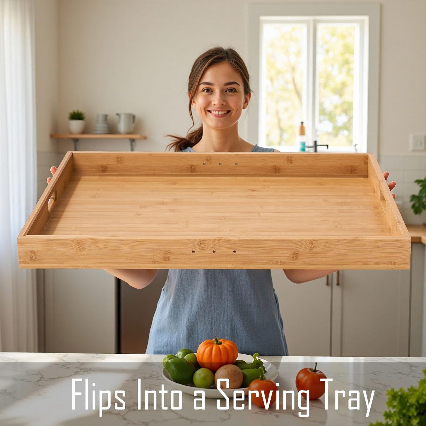 Buruis Acacia Wood Stove Cover for Gas & Electric Burners, 30”x22”x2.5” (Outer Size), Fits Stoves up to 28.8”x20.8” (Inner Size), Noodle Board with Handles & Juice Groove, (Natural Acacia)