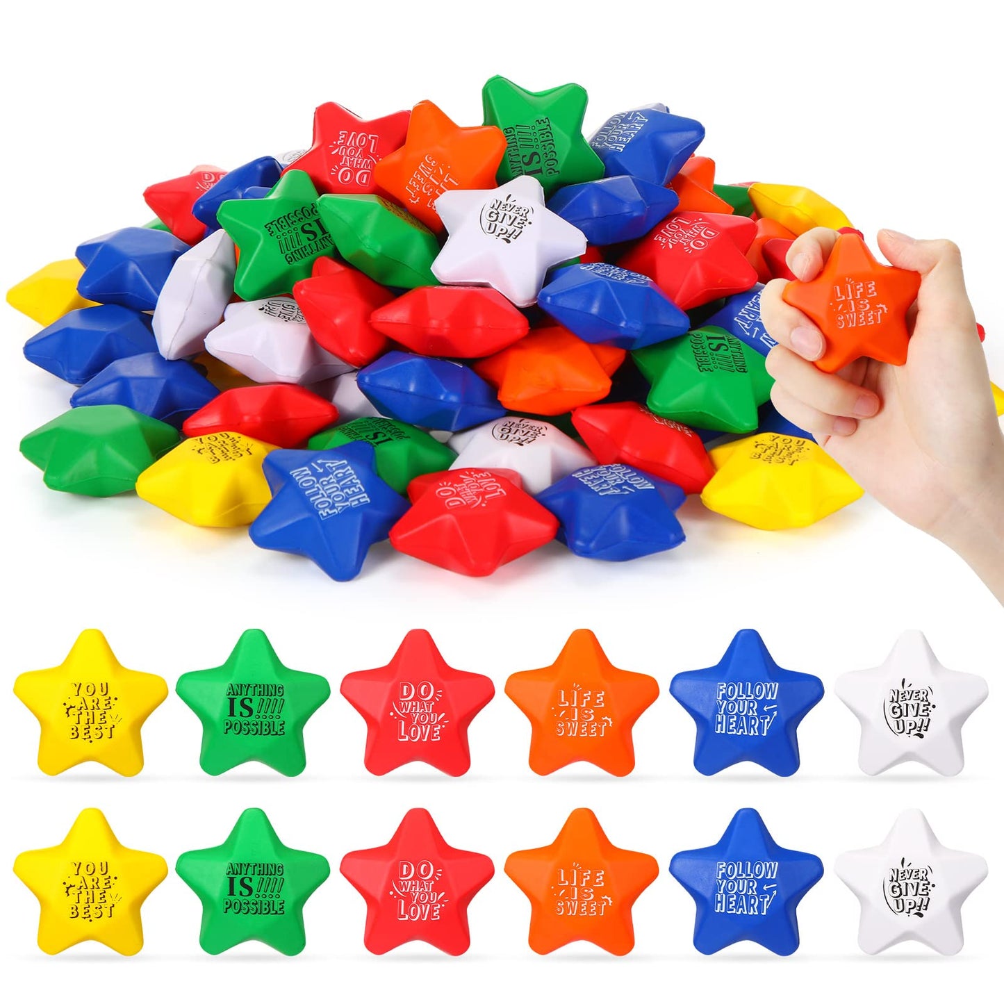 Leyndo 200 Pack Stress Balls Bulk Motivational Stress Relief Colorful Foam Squeeze Balls with Inspirational Quotes for Adults Teens Kids Relief Encouraging(Star Stress Balls)