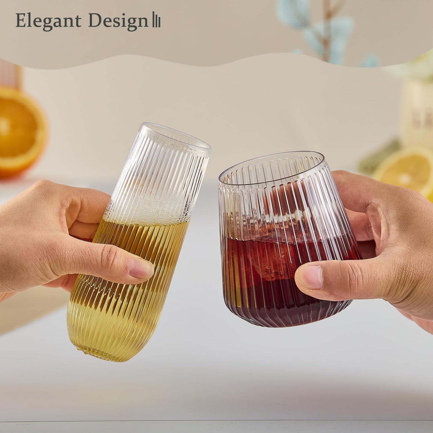56 Pack Ribbed Origami Ripple Plastic Glasses, 32 Pcs 9 OZ Stemless Champagne Flutes & 24 Pcs 14 OZ Plastic Wine Glasses, BPA-Free Disposable Shatterproof Toasting Glasses for Weddings Parties