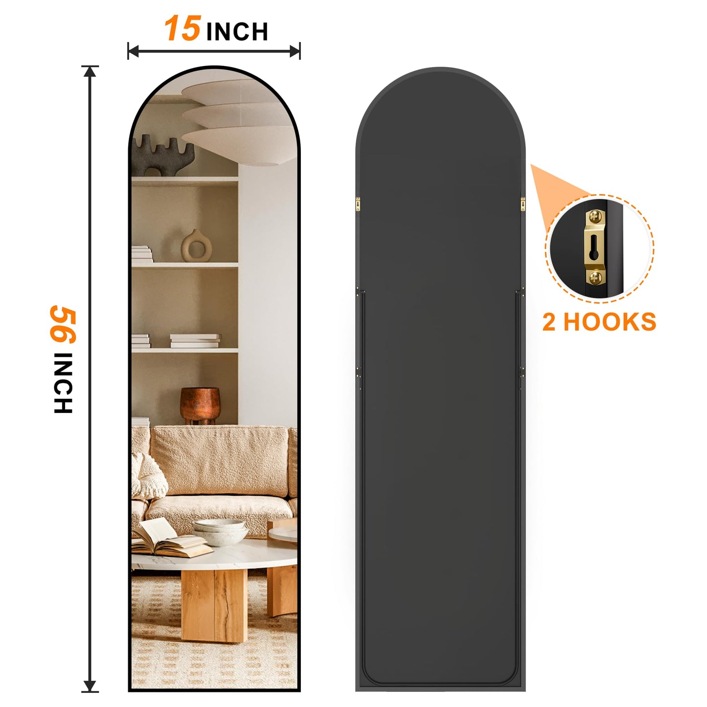 TRAHOME Arched Full Length Mirror, 56"x15" Standing Body Mirror for Wall, with Aluminum Alloy Frame for Bedroom, Living Room, Dressing Room(Black)
