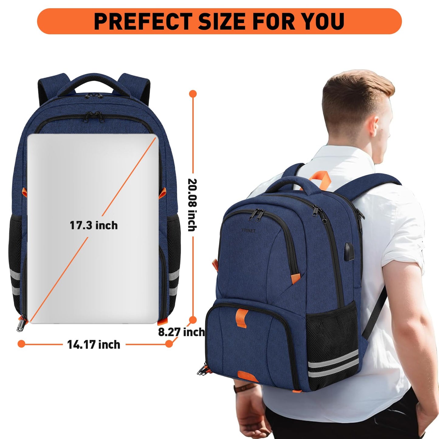 Ytonet Gym Backpack for Men Women, Travel Backpack with USB Charging Port, Lightweight Water Resistant Workout Gym Bag Fit 17.3 Inch Laptop, Sports, Camping, Hiking, Dark Blue