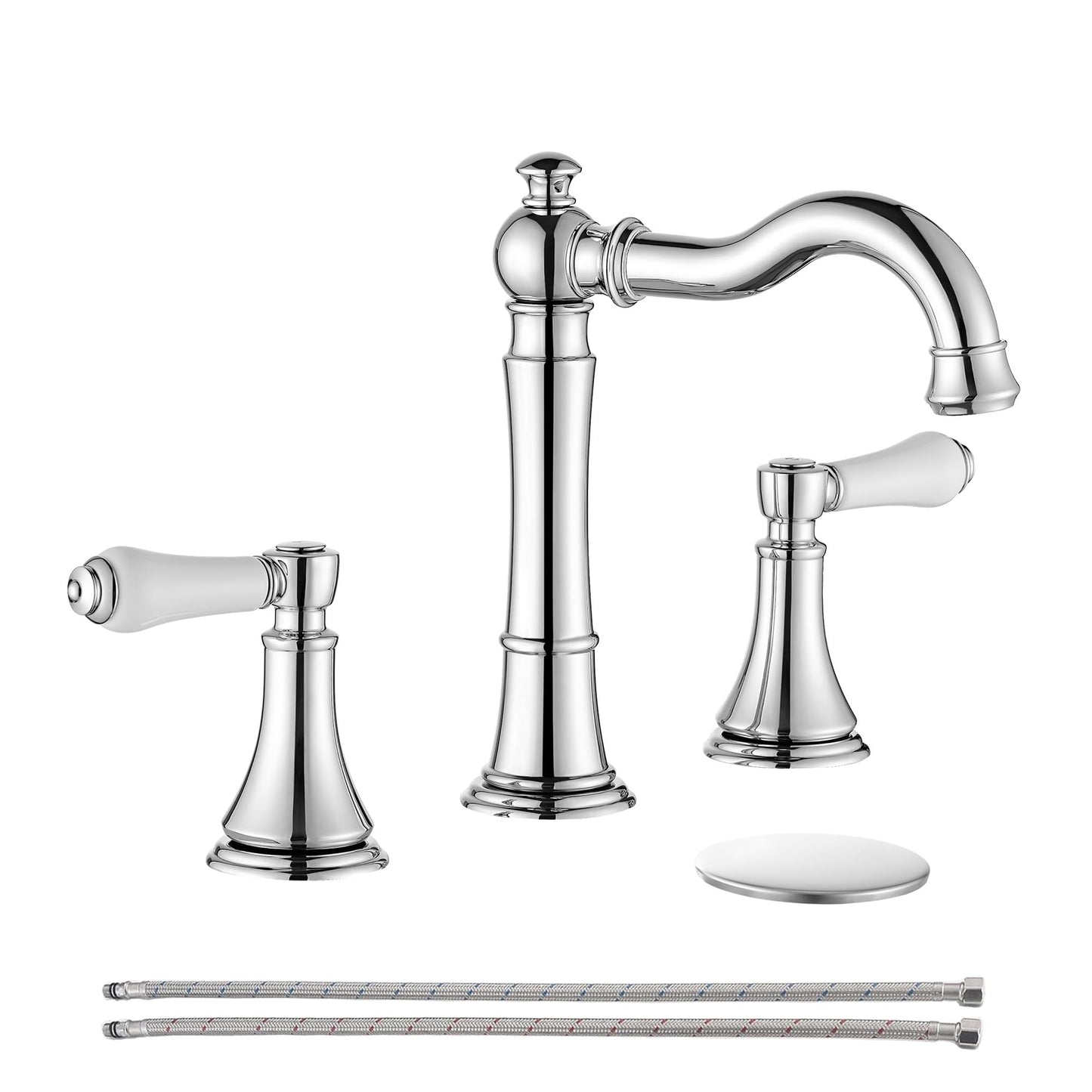 Roffenny Porcelain 2-Handle Chrome Bathroom Faucets 8 inch Widespread for 3 Holes with Plastic Pop-Up Drain & 2Pcs Water Supply Lines, Classic Chrome Bathroom Vanity Sink Faucet, Brass Swivel Spout