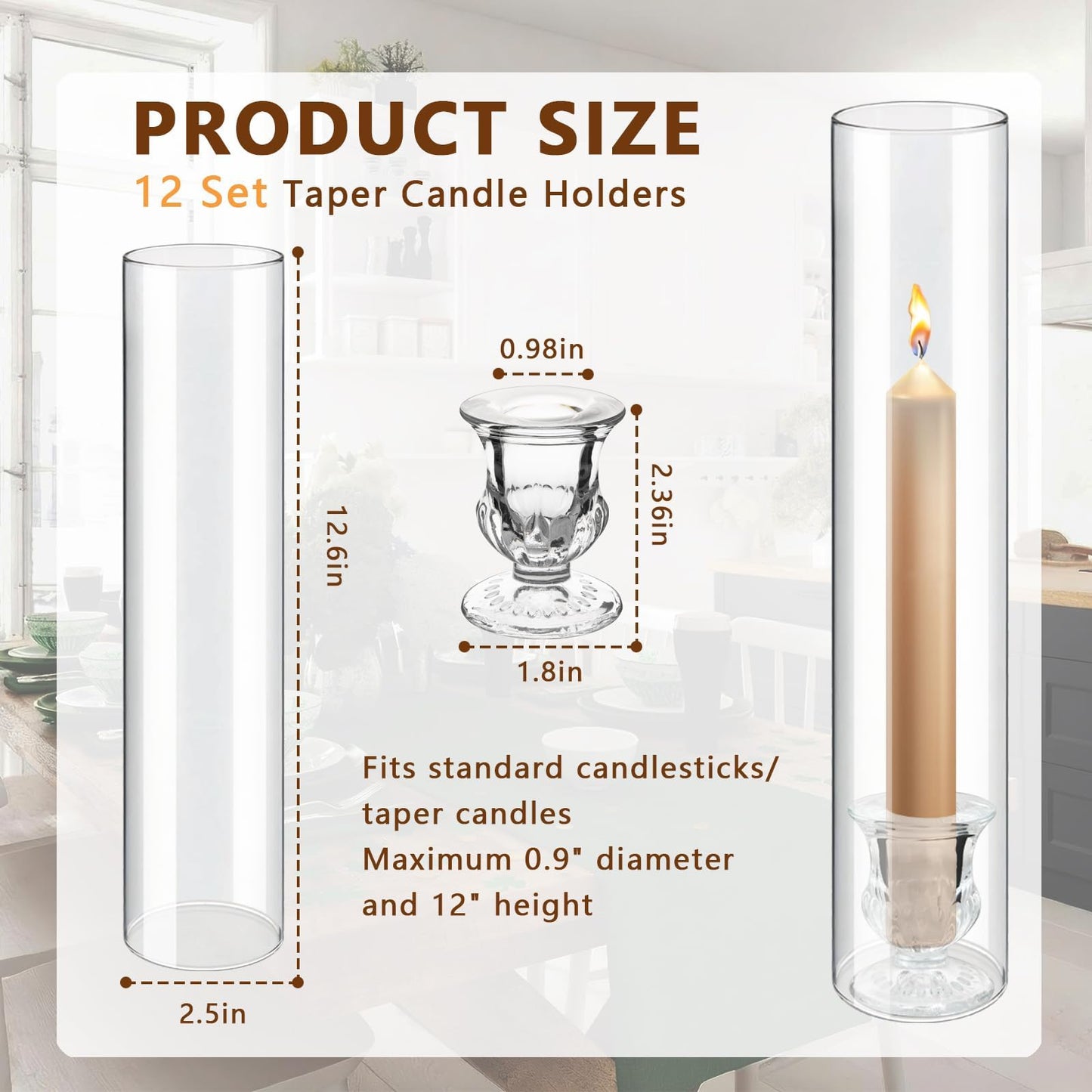 12 Sets Glass Hurricane Candle Holders - 12.6” Glass Candlestick Holders with Clear Tall Cylinder Candle Sleeves for Wedding, Christmas Table Decor (12)