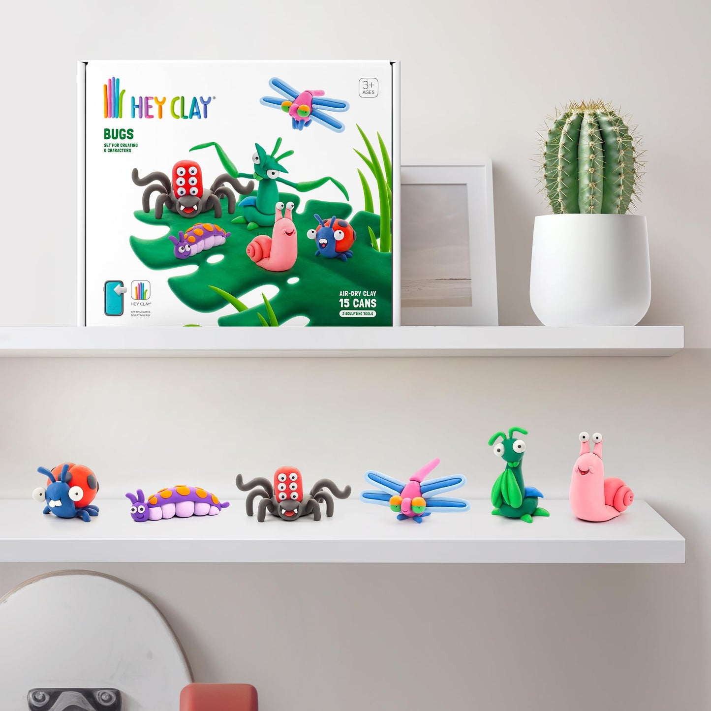 HEY CLAY - Insect Set - Colorful Dry Clay Kit for Kids - 15 Cans & Carving Tools with Fun Interactive Instructions App, Multi-Color