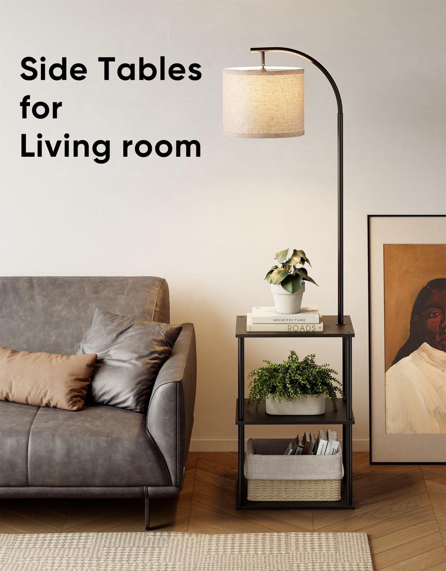 PARTPHONER Floor Lamp with Table, Night Stand with Lamp, Narrow Side Table with 3CCT LED Bulb, Small Coffee Table, Modern End Table with Storage Shelves for Living Room Bedroom Home Décor, Black