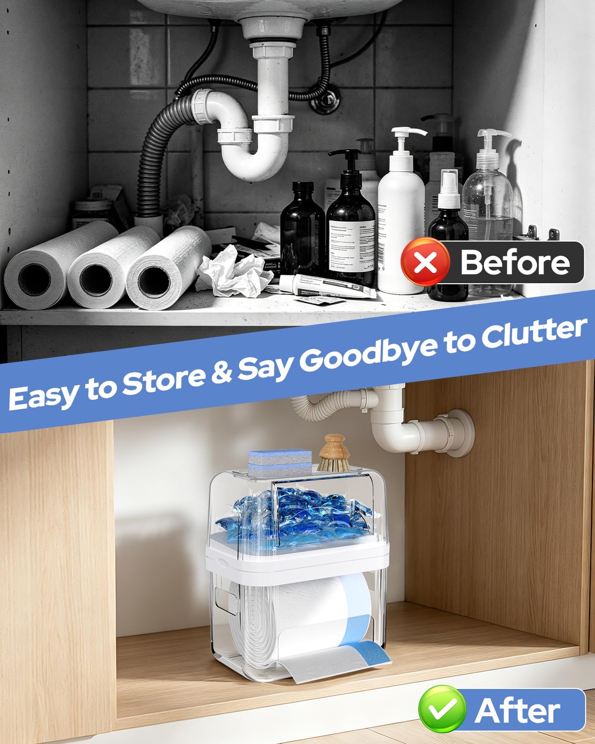 YGKATING Trash Bag Dispenser & Dishwasher Pods Container, 3 in 1 Clear Acrylic Garbage Bags Holder Under Sink Organizer Laundry Pods Dishwasher Tabs Storage Box for Laundry Room and Kitchen Cabinet