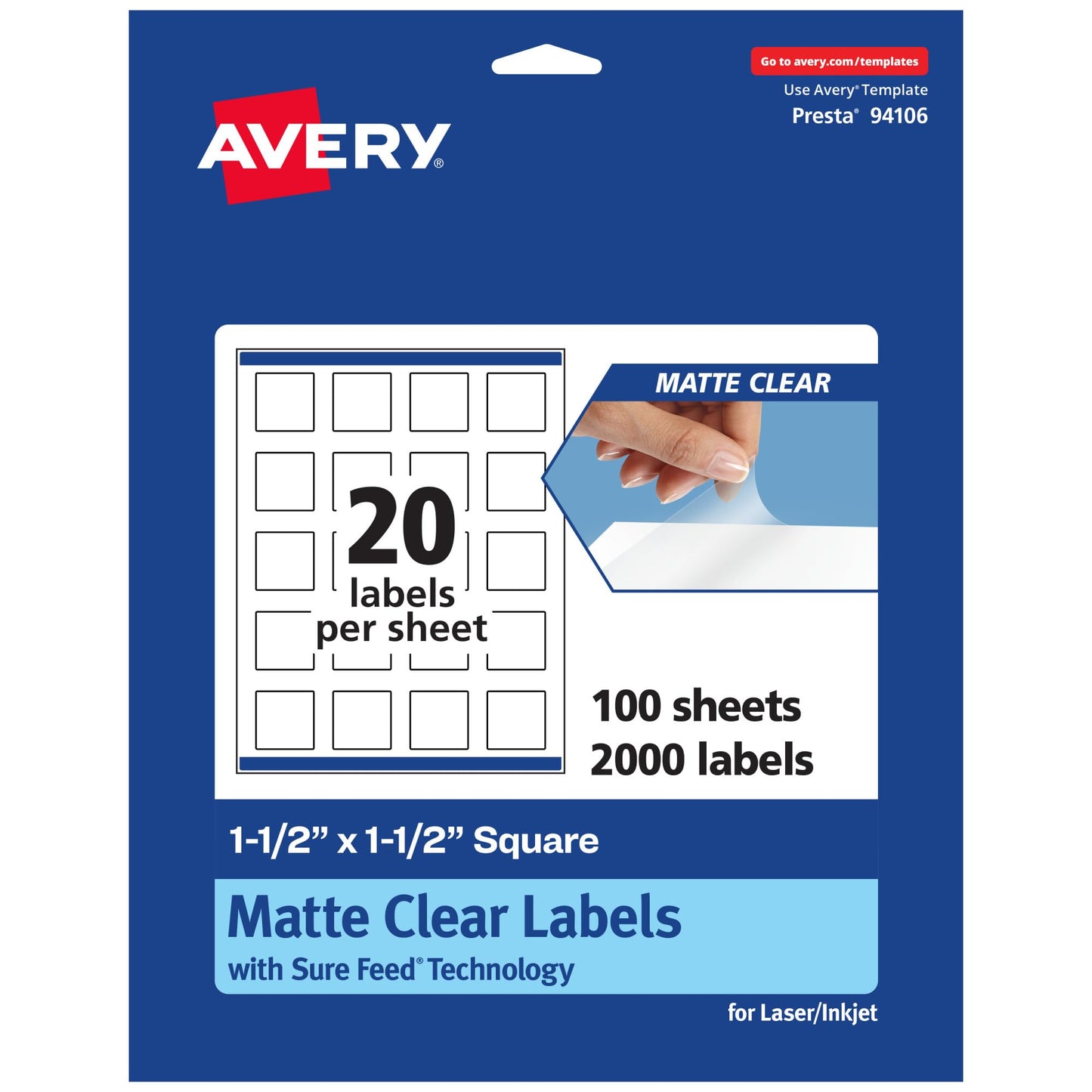 Avery Matte Clear Square Labels with Sure Feed, 1.5" x 1.5", 2,000 Matte Clear Labels, Print-to-The-Edge, Laser/Inkjet Printable Labels