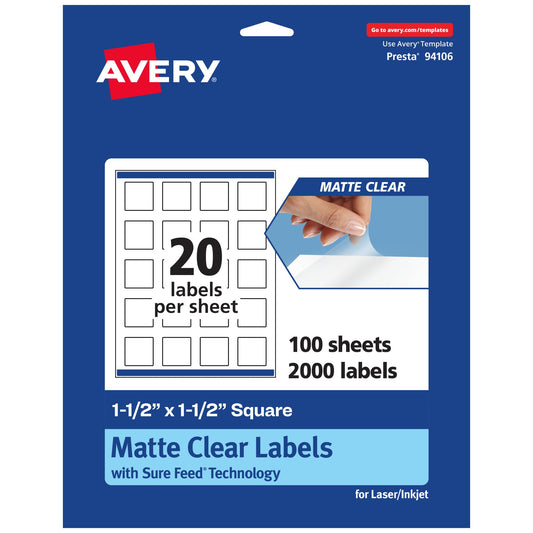 Avery Matte Clear Square Labels with Sure Feed, 1.5" x 1.5", 2,000 Matte Clear Labels, Print-to-The-Edge, Laser/Inkjet Printable Labels