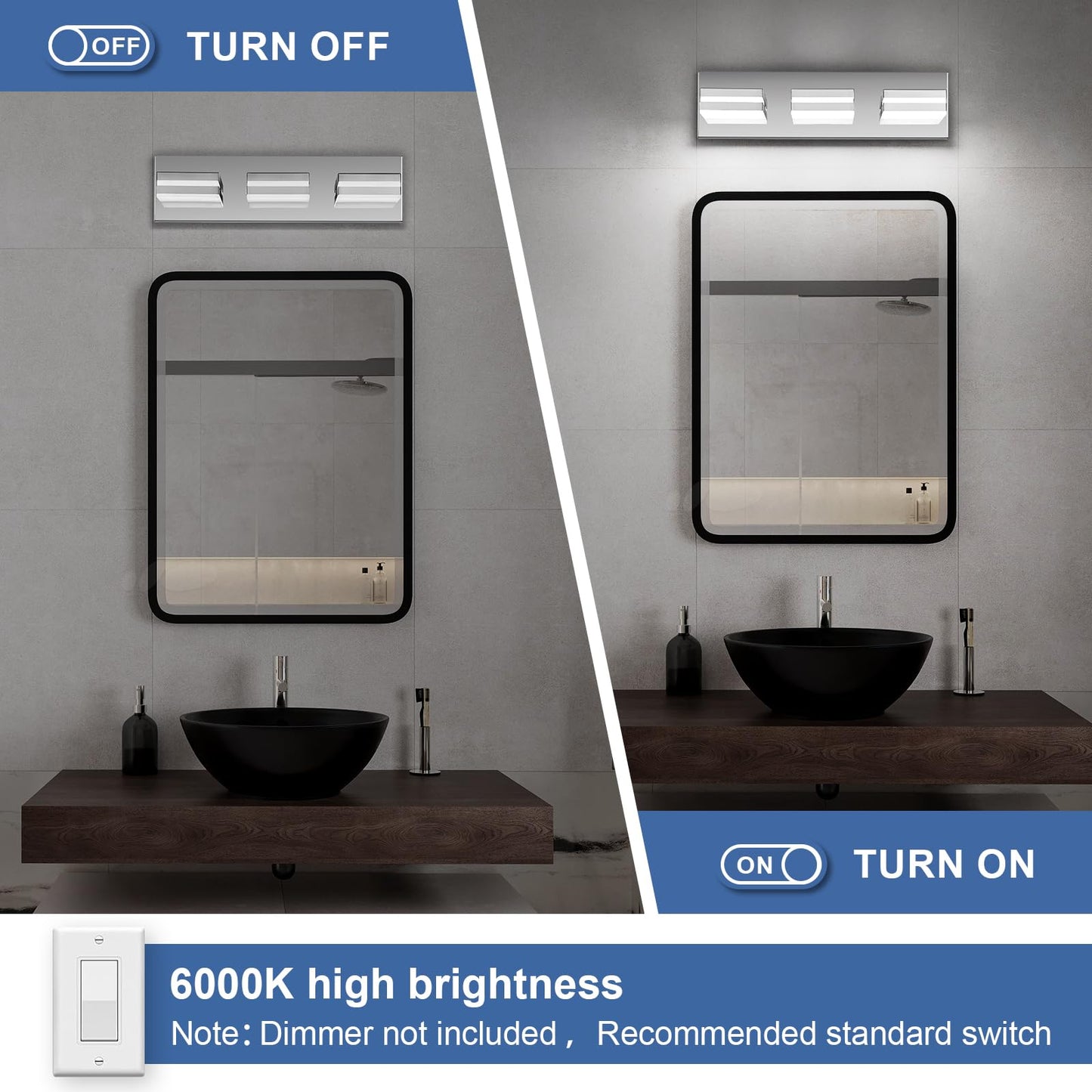 JZEKVN Modern LED Small Bathroom Lights Fixtures 3-Light,Stainless Steel Chrome Acrylic Wall Lighting,Vanity Lights for Bathroom Over Mirror 6000K 16in