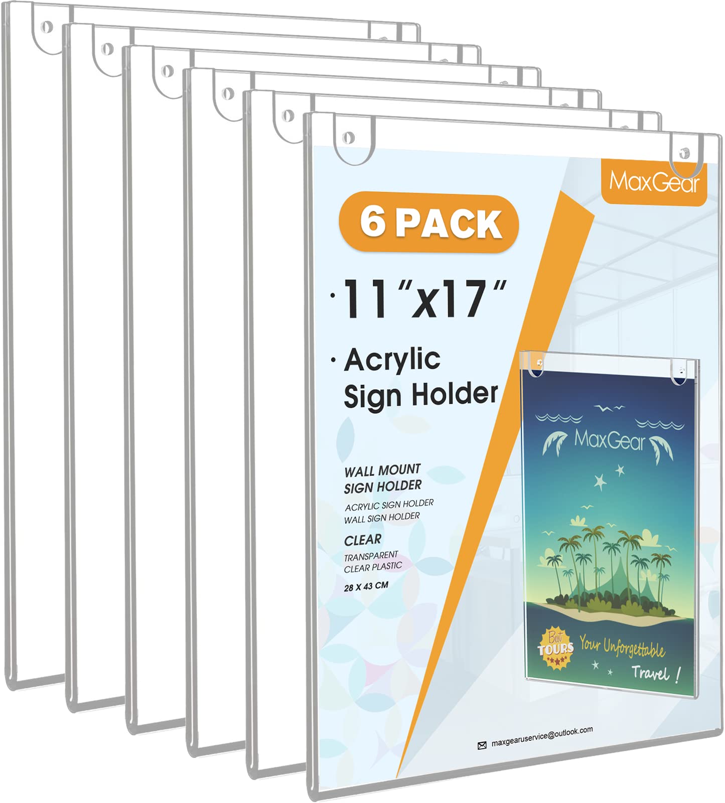 MaxGear Wall Mount Sign Holder 11 x 17 Inch, Clear Plastic Picture Frames Door Sign Holder Portrait Style with Adhesive Tapes and Screws for Office, Home, Store, Restaurant, Vertical, 6 Pack