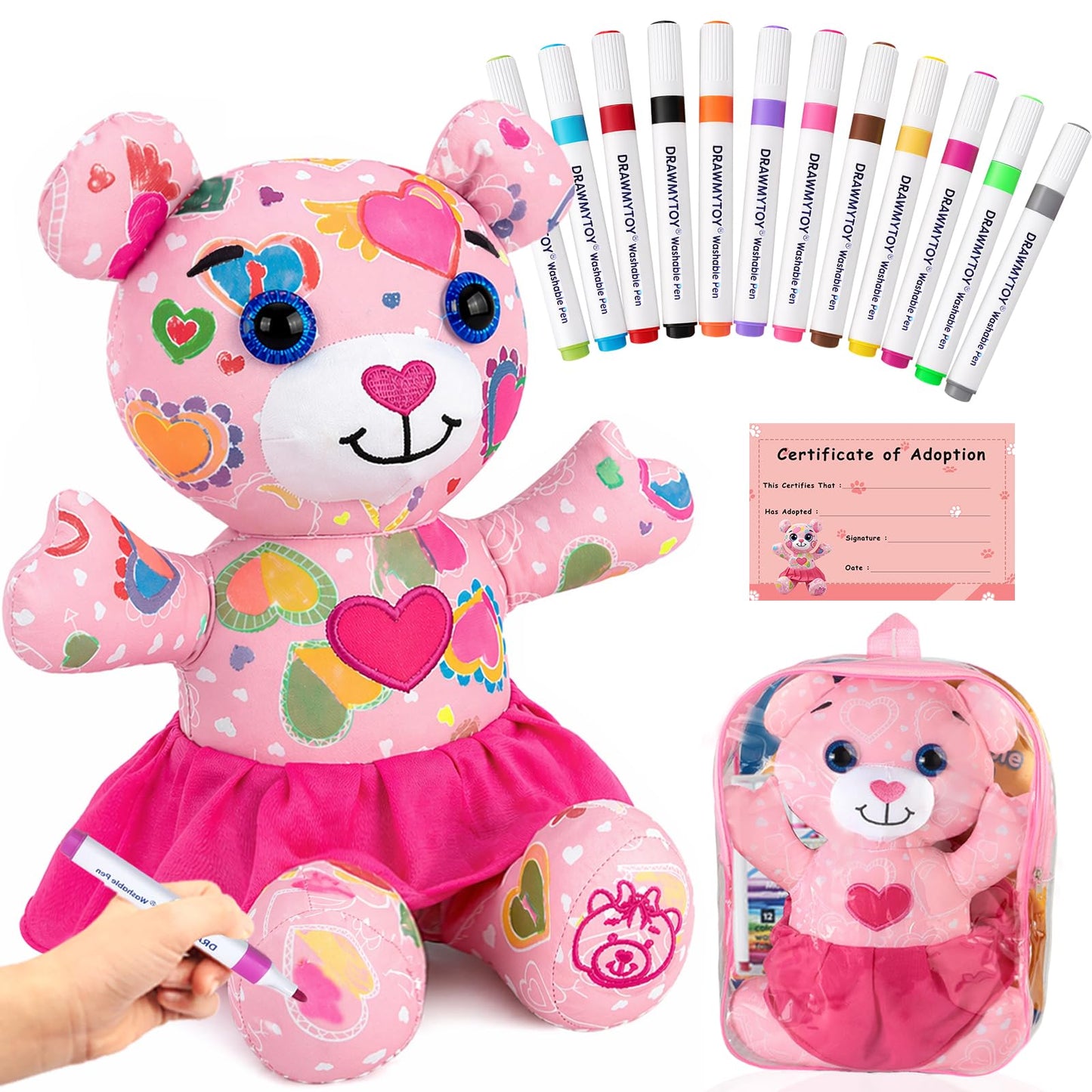 DIY Coloring Plush Toy with Washable Markers, Scribble Pets Stuffed Animal, Doodle Dolls Art Toy for Boys and Girls Ages 3-8, Birthday Gift (Pink Bear)