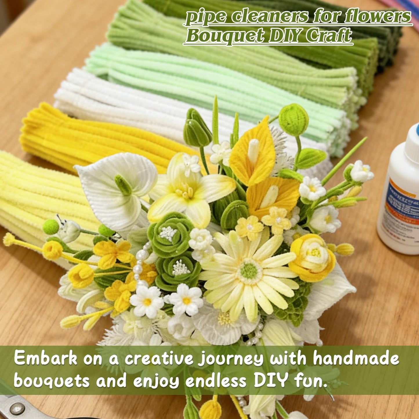 URSDIART 976PCS Pipe Cleaners,Pipe Cleaner Bulk Flowers Kit,7 Colors Chenille Stems for Flower Bouquet Making with Craft Wire,Stamen,Tape,Ribbon & More for DIY Projects & Arts (Green Colour)
