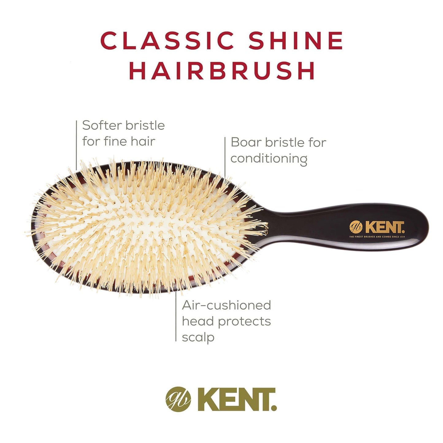Kent CSGM 7.75" Classic Shine Medium Oval Cushion Straightening Brush and Hair Detangler - Soft White Boar Bristle Hair Brush - Shine Hair Brush and Scalp Scrubber for Mid-Length Fine or Thinning Hair