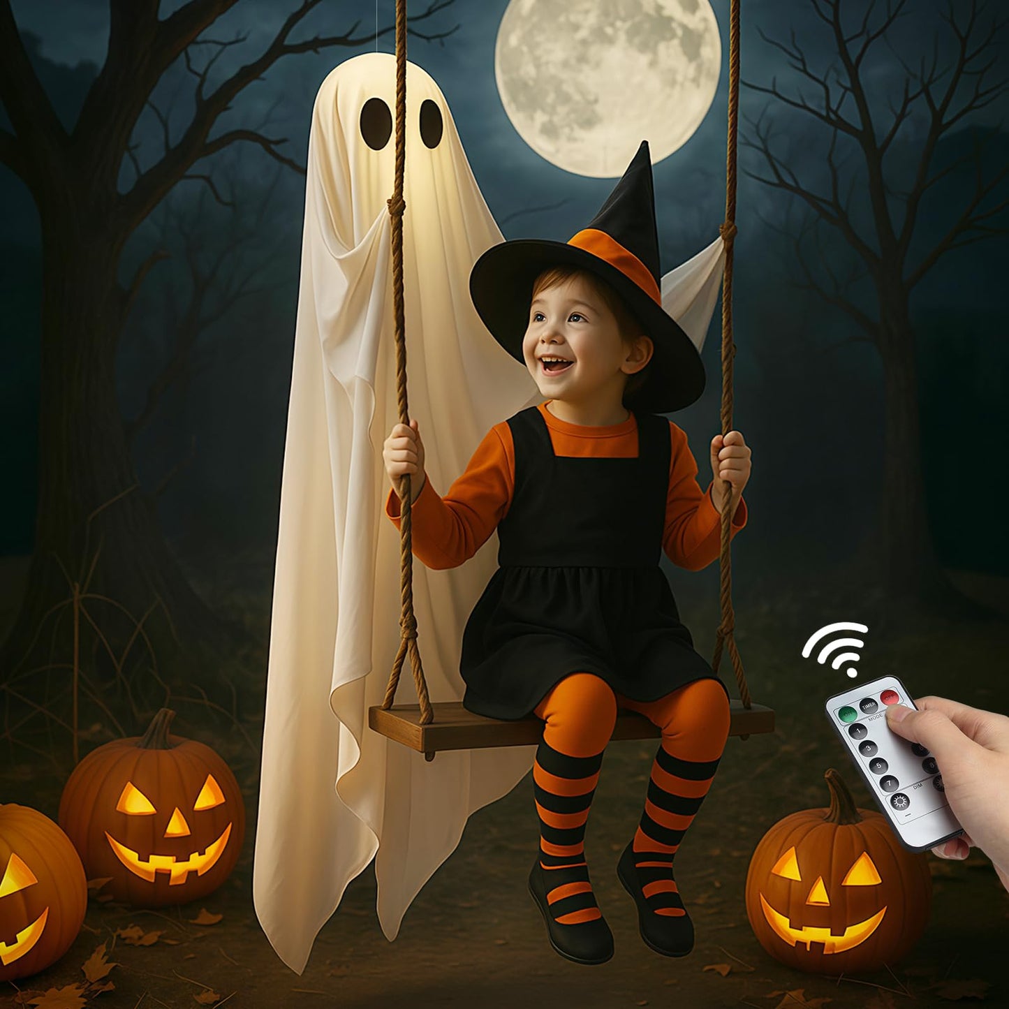 HKBAYI Halloween Decorations Outdoor - 5FT Large Hanging Ghost Swing with Remote Control String Lights & Upgraded Sheet, Scary Ghost Halloween Party Decor Outside for Tree Porch Yard Garden Lawn