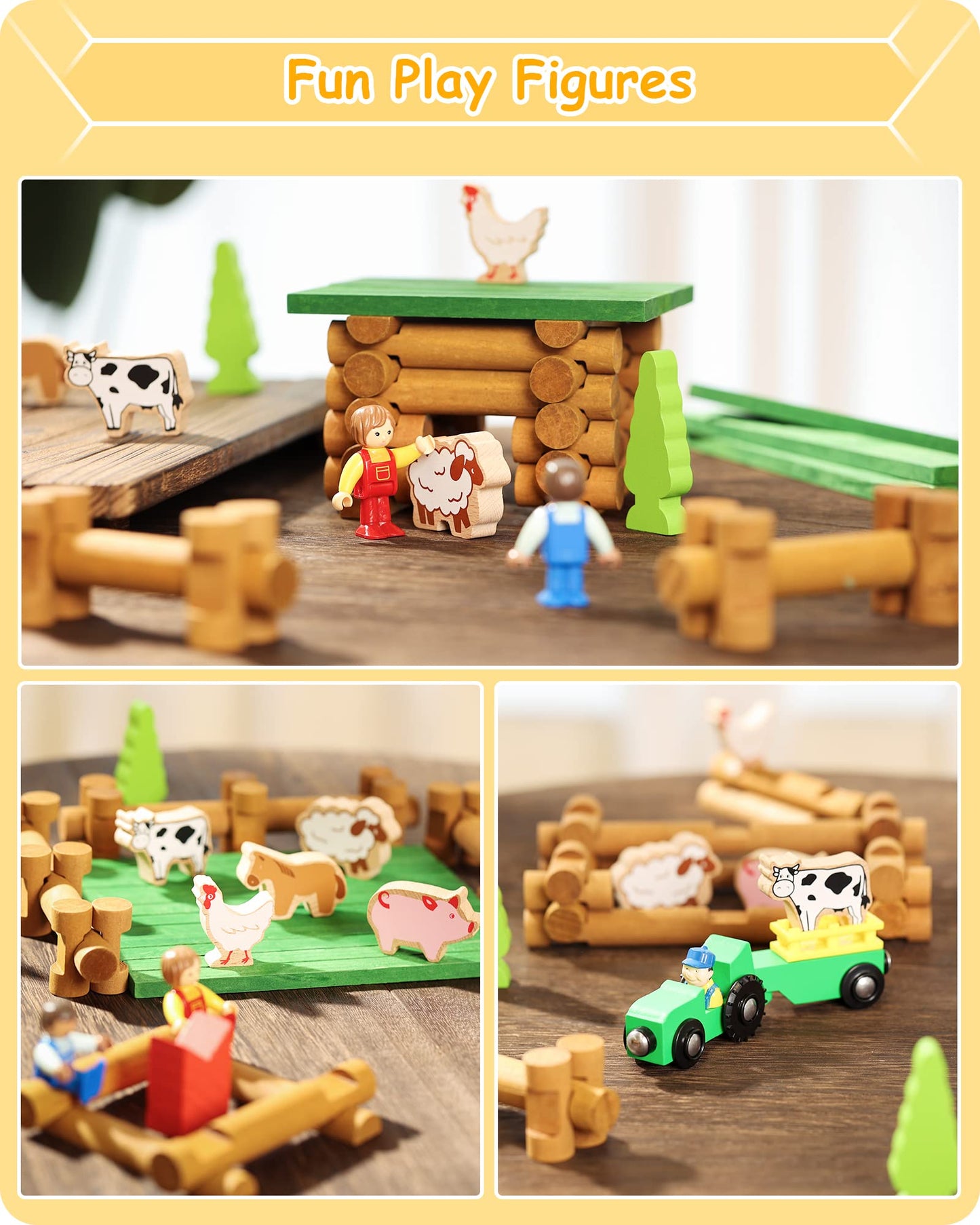 SainSmart Jr. Wooden Log Cabin Set Farm Building House Toy for Toddlers, 122 PCS Classic STEM Construction Kit with Colorful Wood Logs Blocks for 3+ Years Old