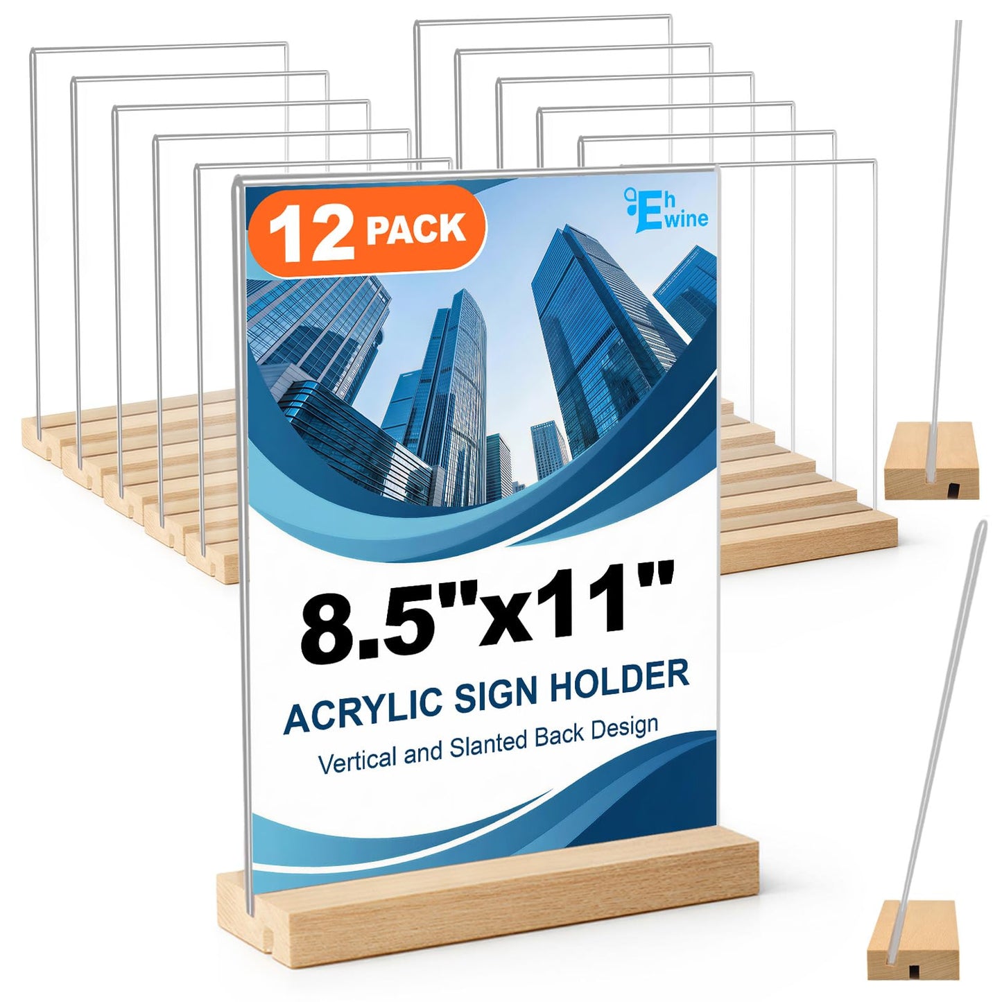 EHWINE 12 Pack 8.5 x 11 Acrylic Sign Holder with Wood Base, Double-Sided Clear Table Sign Holder with Non-Slip Pads, Vertical or Slant Back Display (L & T Shape), Menu Flyer Stand for Office, Retail, Restaurant