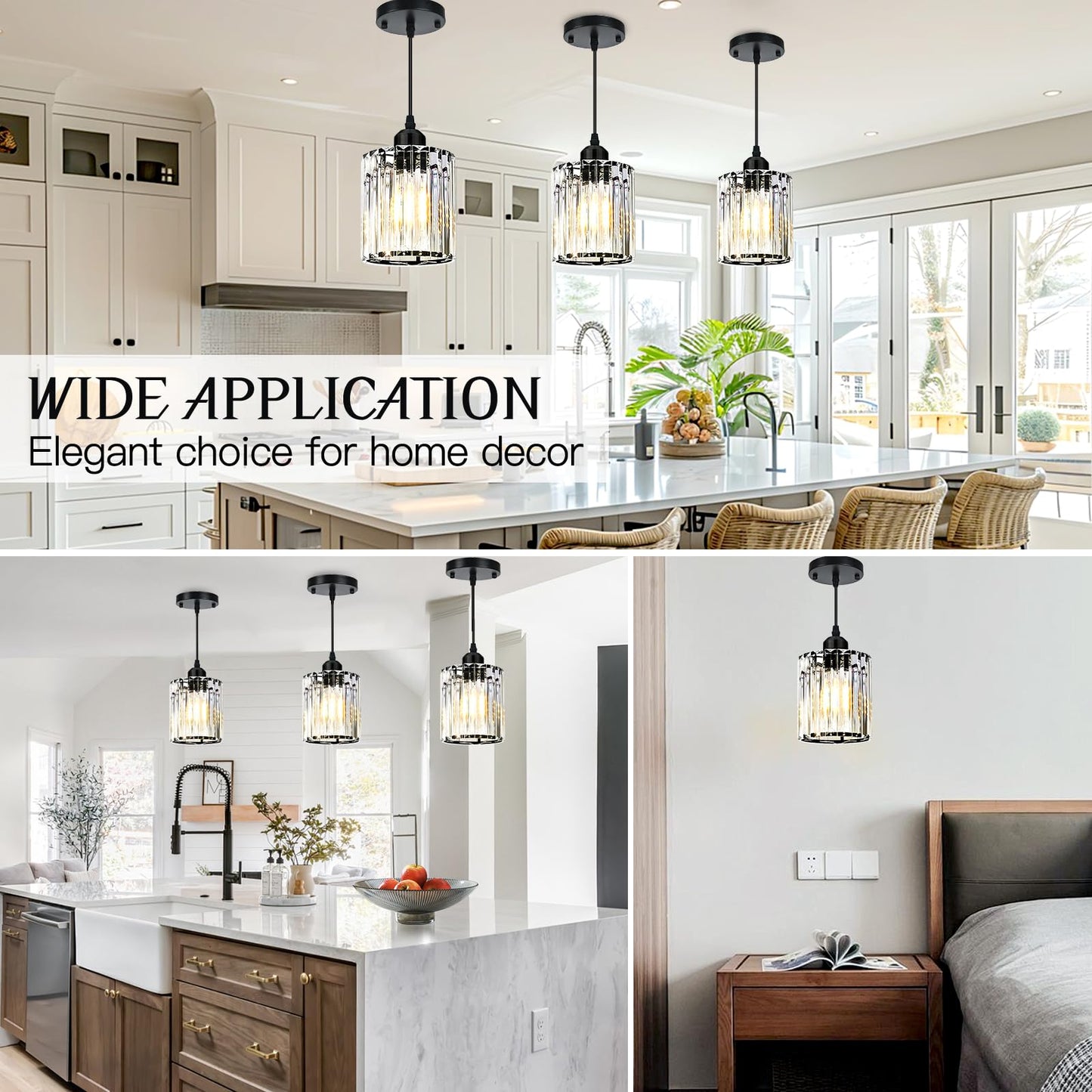 WKWKTOTO 3-Piece Pendant Lights Kitchen Island, Elegant Modern Island Lights for Kitchen with Crystal Glass – Luxury Kitchen Hanging Light for Kitchen Island, Dining Table, Entryway, Restaurant